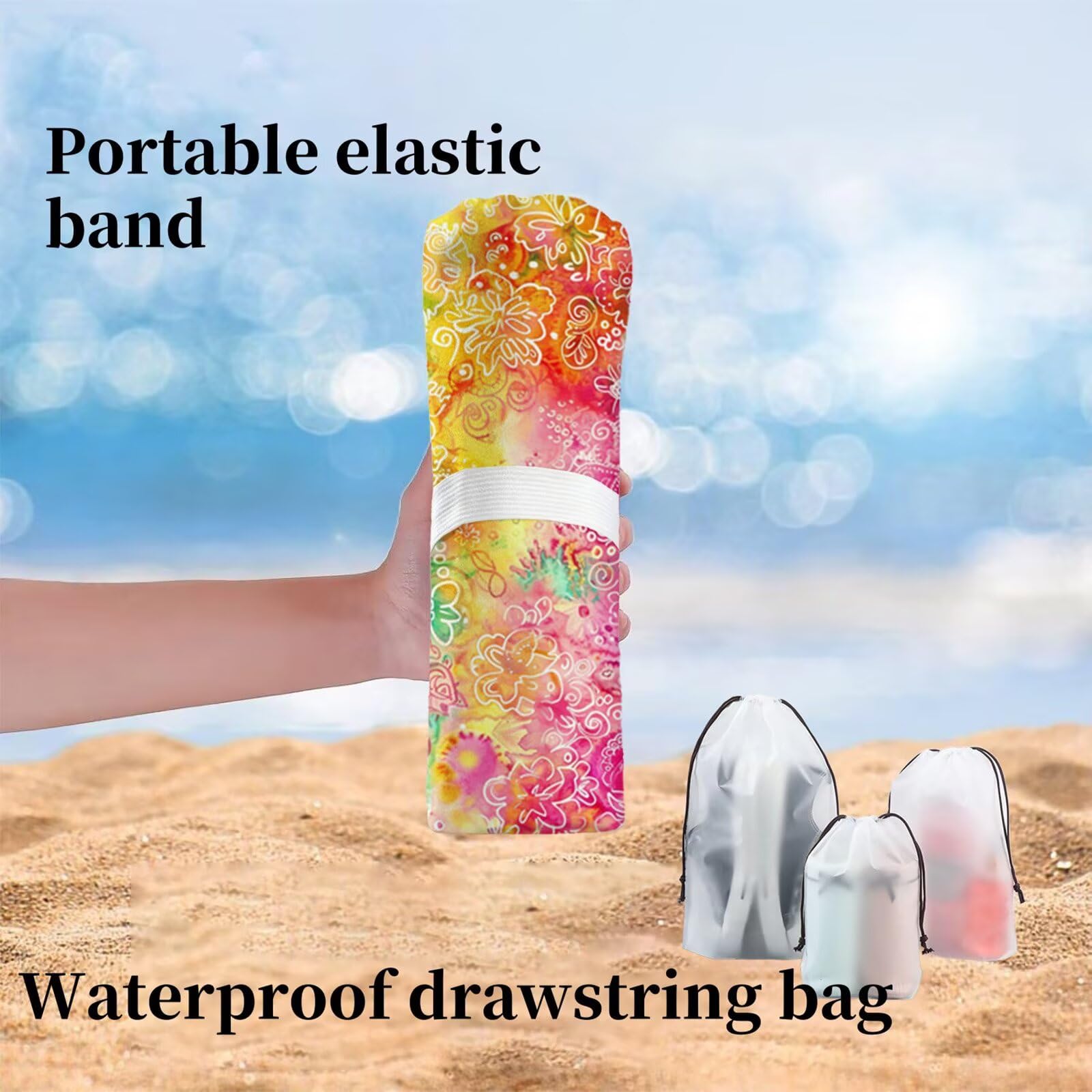 Duży ręcznik z mikrofibry XXL 220 x 100 cm Ręcznik plażowy Kolorowe kwiaty Ręczniki na siłownię Szybkoschnące cienkie i kompaktowe ręczniki kąpielowe z torbą, ręcznik plażowy odporny na piasek dla