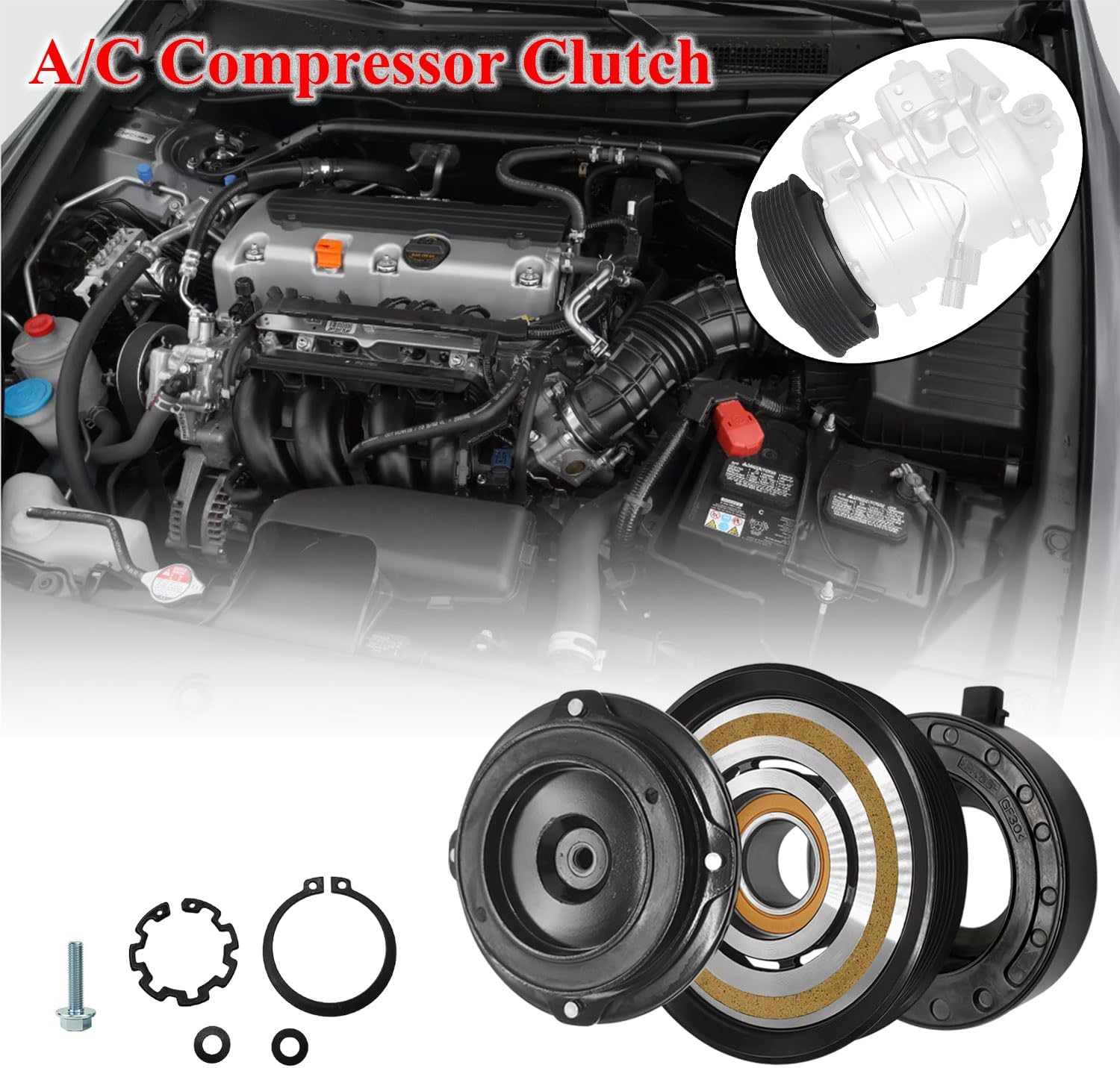 A/C Compressor Clutch Assembly Kit Plate Pulley Bearing Coil 1883 Replacement for 2008-2012 Honda Accord 6CYL 3.5L, AC Air Conditioning Compressor Clutch Coil Auto Repair Kit