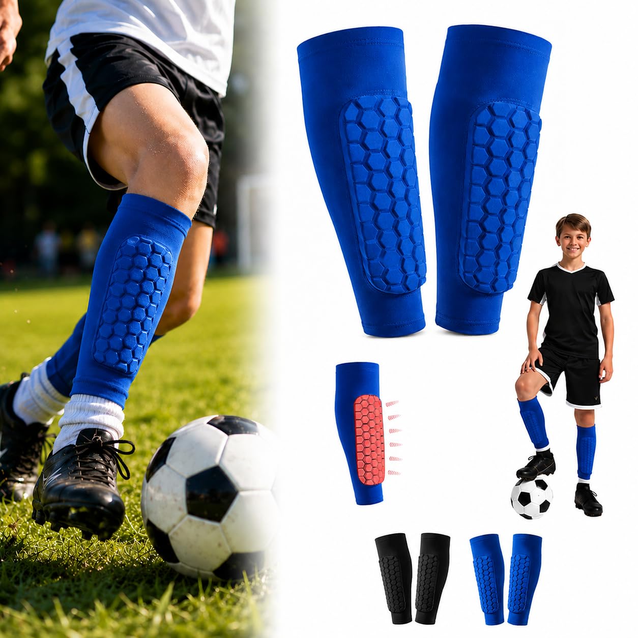 Football Shin Guards with Compression Sleeves, Non-Slip Honeycomb Shin Pads for Kids & Adults, Lightweight Breathable Leg Protection for Football Training, Matches & Sports