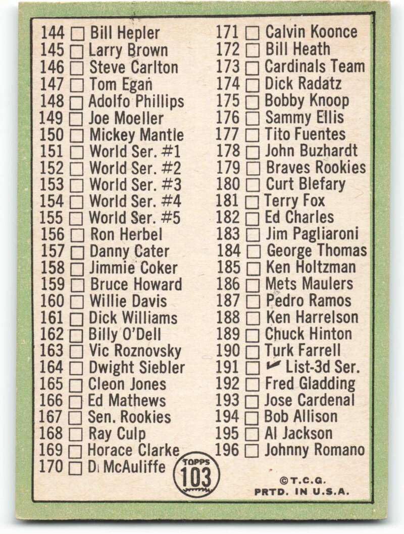 1967 Topps #103 Checklist 110-196 ERR NM+ New York Yankees Baseball Trading Card