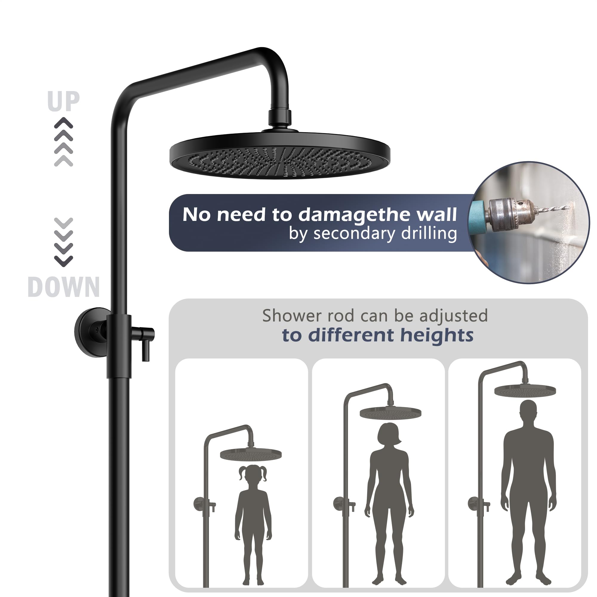 GarveeHome Regendusche-Set, Ohne Armatur, Duschsystem Mit Ablage, Edelstahl, Mit Duschablage, Verstellbarer Duschstange, Rundem Duschkopf 25 cm