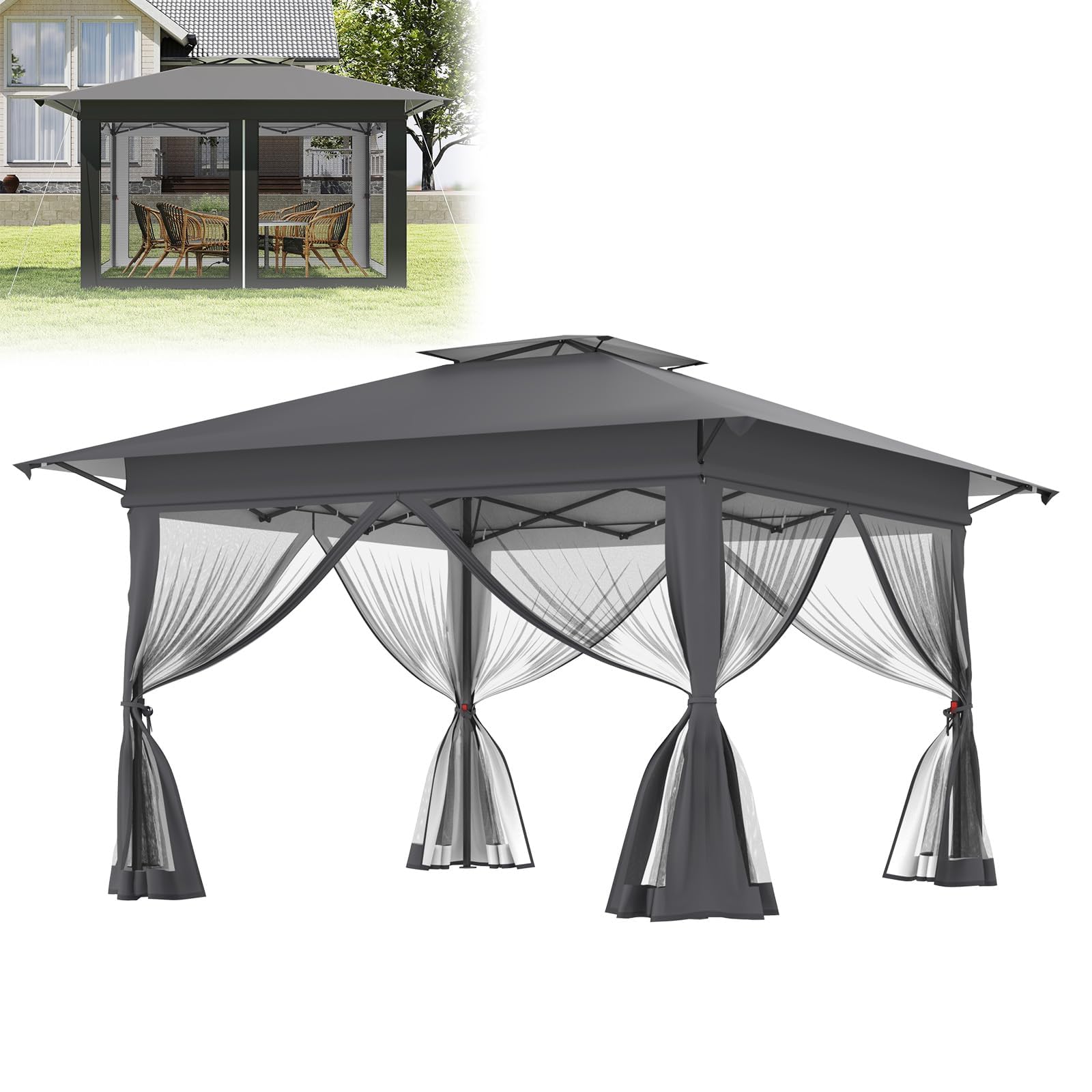 LZQ Tonnelle pliante 4 x 4 m anthracite - Avec double toit - Parties latérales en moustiquaire amovibles - Hauteur réglable - Avec sac de transport, cordes à vent et piquets pour jardin, terrasse et