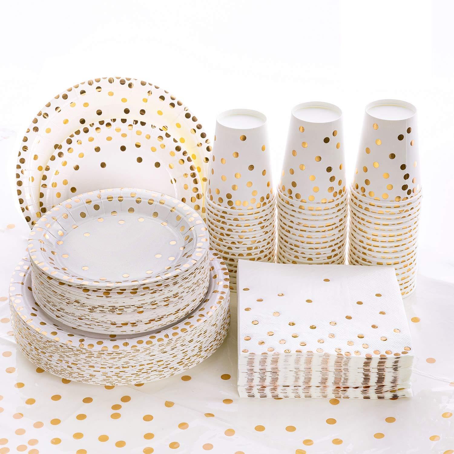 Lot de 201 Vaisselle pour fêtes en or, Vaisselle pour fêtes à pois en or pour fêtes, mariages, anniversaires, anniversaires (50 invités)