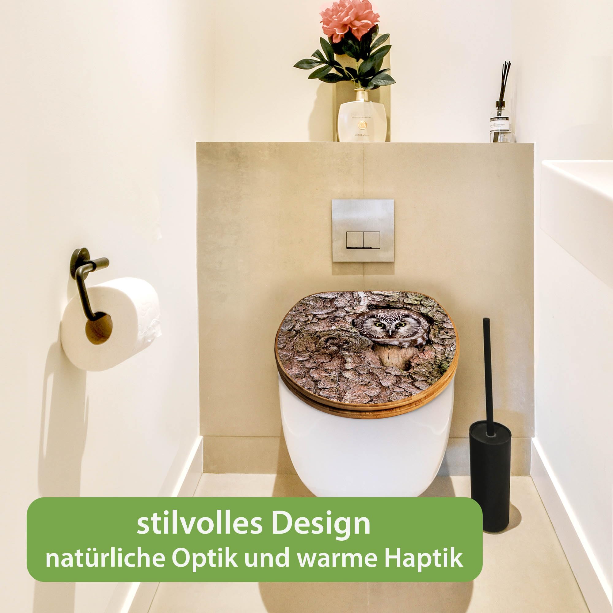 banjado Design WC Sitz Bambus Absenkautomatik 45,8x37,5cm - Toilettendeckel mit Absenkautomatik Holz - hochwertiger Bambus Klodeckel - WC-Sitz für gängigen Toiletten - Motiv Eule