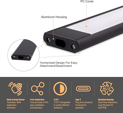 Miniatura 4 de LIT-PaTH Lámparas debajo del mostrador con sensor de onda manual, barra de luz de gabinete enchufable con adaptador de 24V, 12W, 960lm,