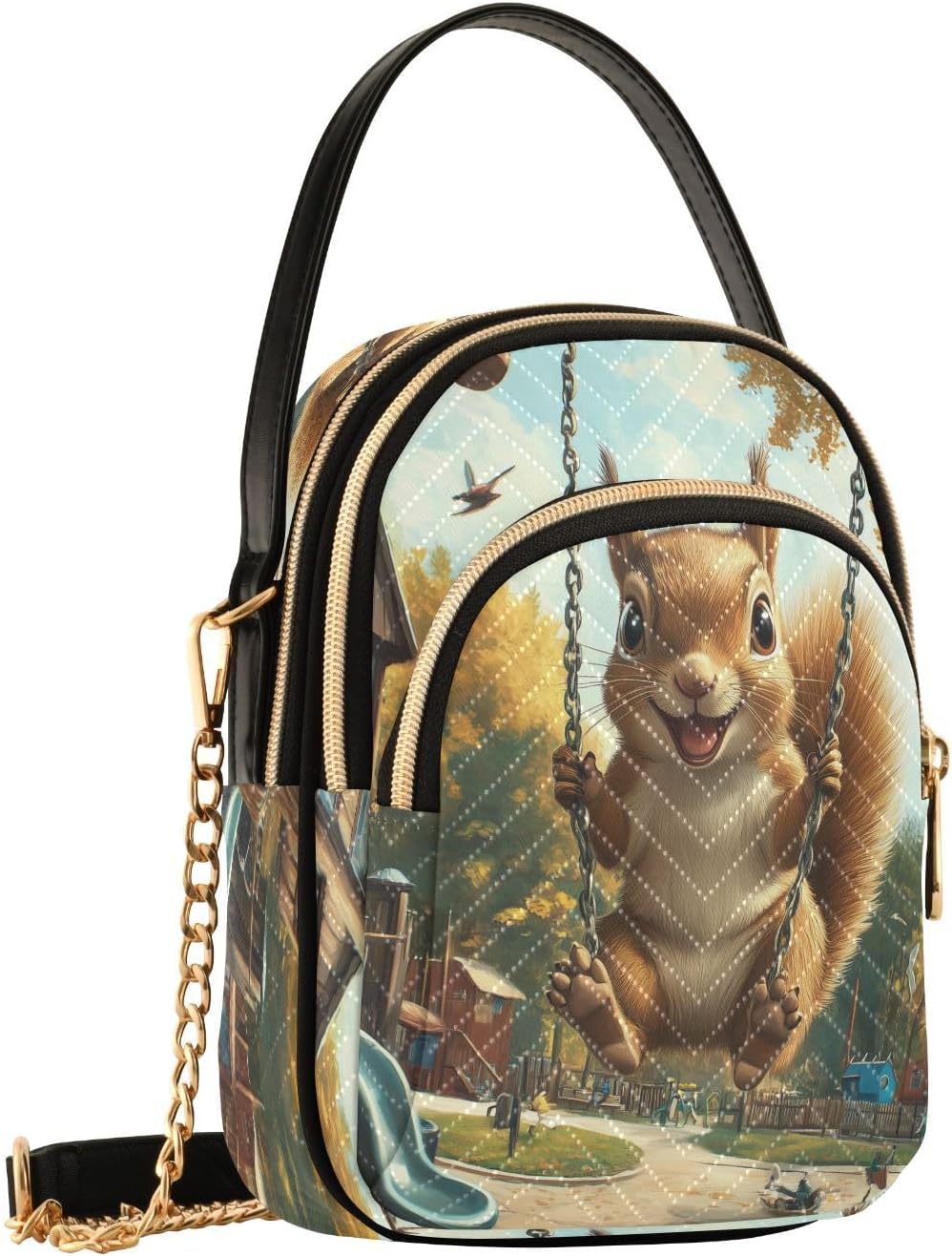 Cute Squirrel Swinging Women Trendy Quilted Crossbody Bag Sling Bags Handbags with Chain Strap Travel Cross Body Cell Phone Purses Bags