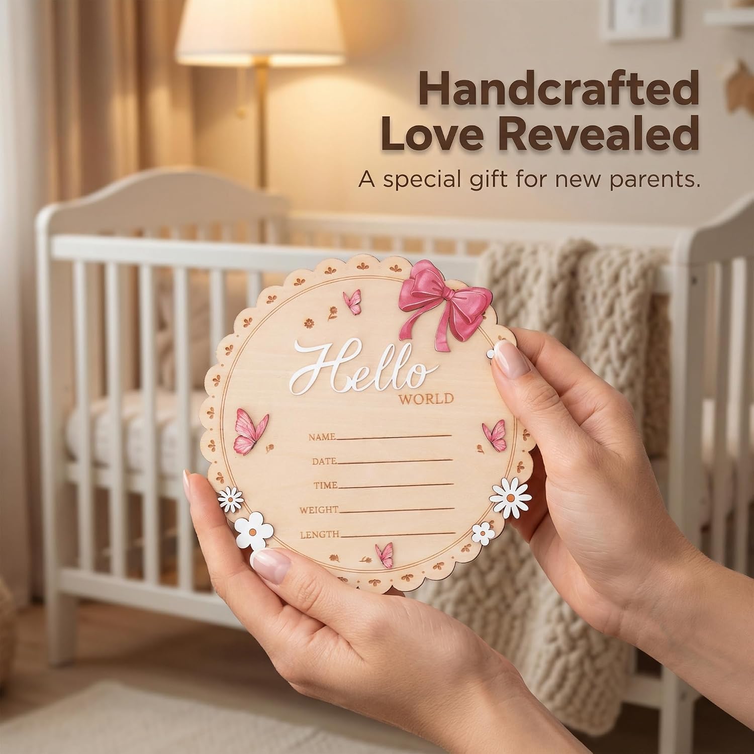 Hello World Wooden Baby Birth Announcement Sign, Pink Bow, Butterfly and Floral Design, 6.5 Inch (circle) image 5