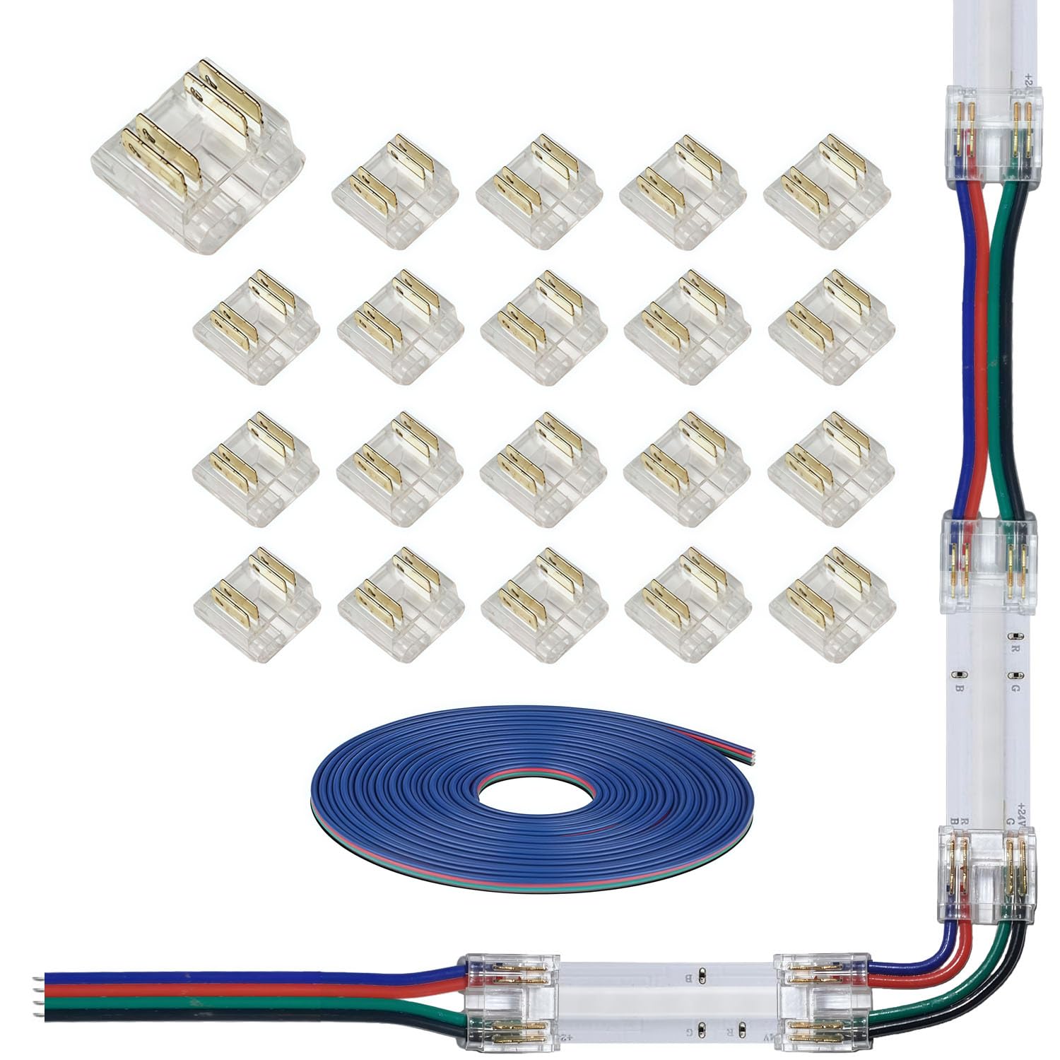 ENQIMAOYI 20pcs 4pin COB LED Strip Light Connector kit 4-pin 10mm/0.39in Gapless Solderless Connector,3m 22AWG Extension Wires for RGB COB LED Strip Lights (4p-10mm-20pcs+3m)