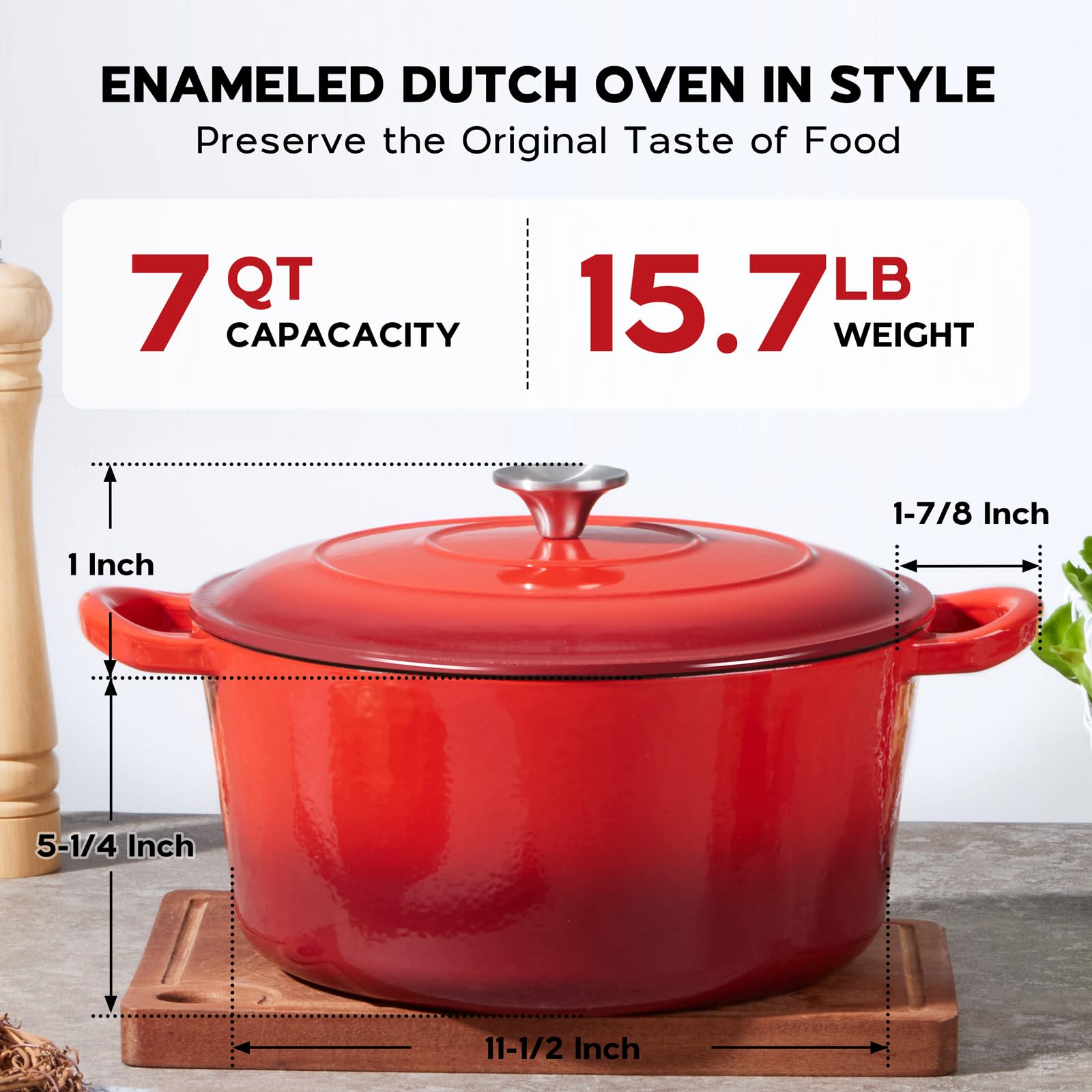 Onader Forno olandese in ghisa smaltata, 7 qt, con coperchio, per la cottura del pane, rotondo, resistente, rosso