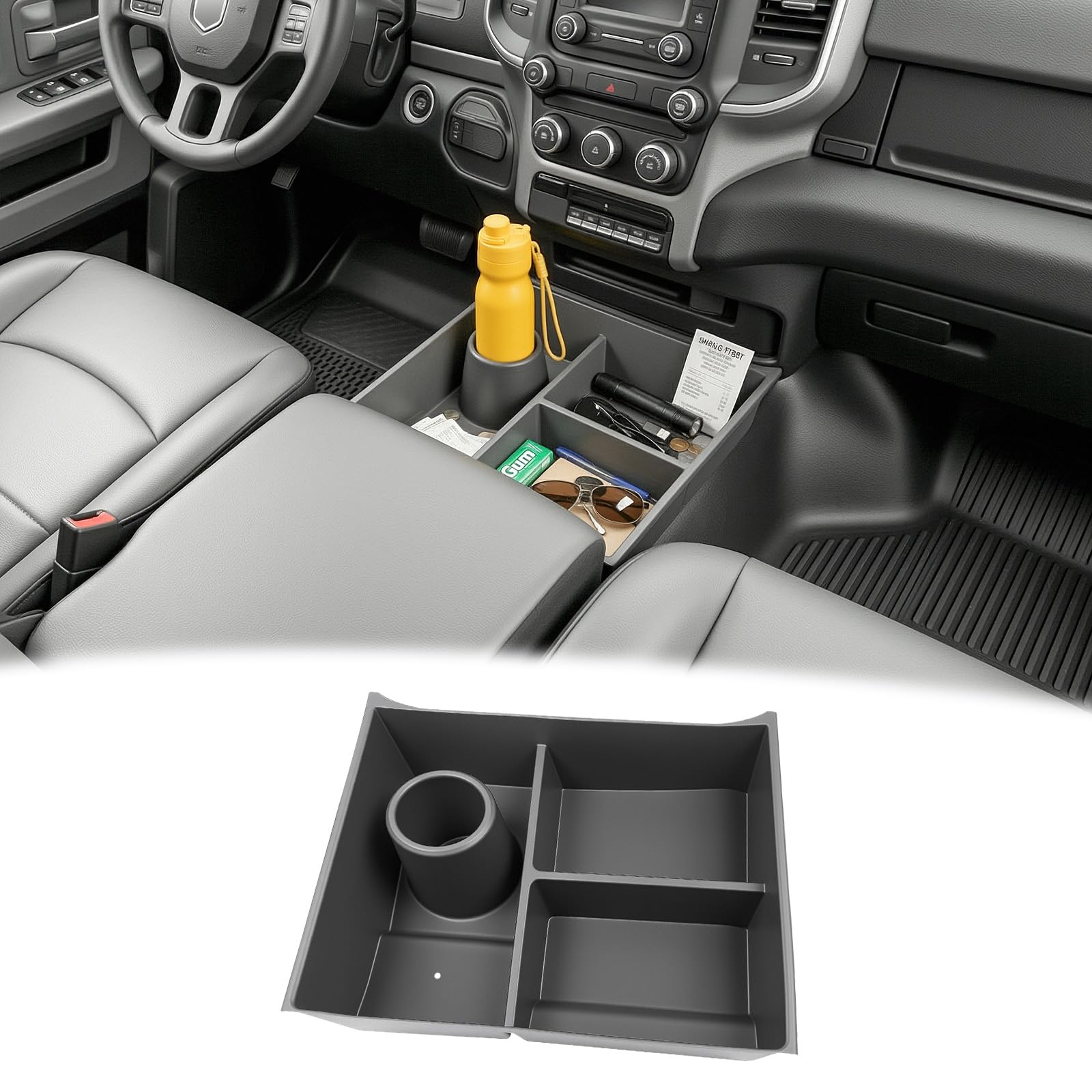 Photo 1 of HUYINPJ Bench Seat Floor Organizer Compatible with 2013-2025 Ram 1500 2500 3500-5500 Classic Center Console Storage Organizer Under Seat Box Bin Cup Holder for RAM Accessories(RAM Classic Bench Seat)