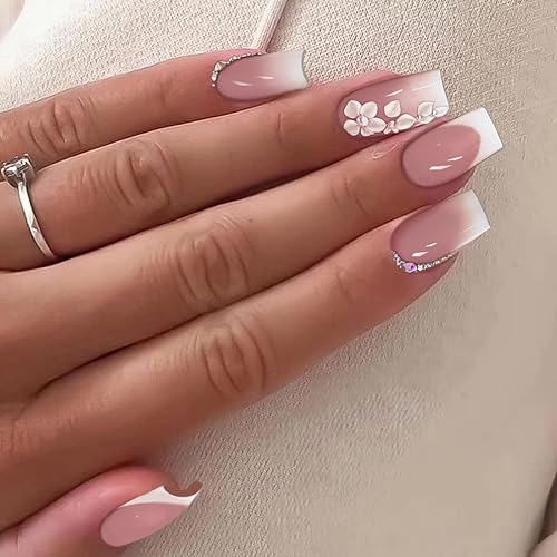 Miniatura 2 de Uñas cortas a presión, uñas postizas de almidón con raíz de loto degradado con purpurina plateada y diamantes de imitación, uñas acrílicas de verano