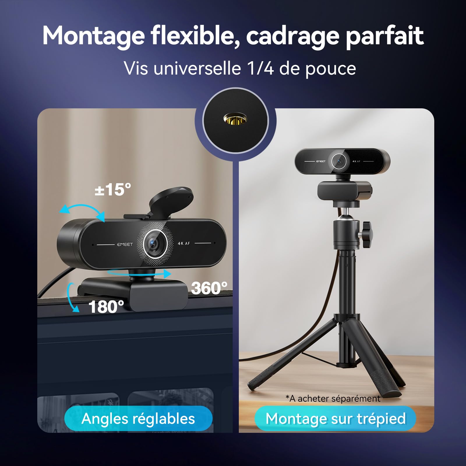 eMeet C60E 4K Webcam, Mise au Point Automatique PDAF, Double Microphone, Caméra de Streaming USB Plug & Play pour PC Mac