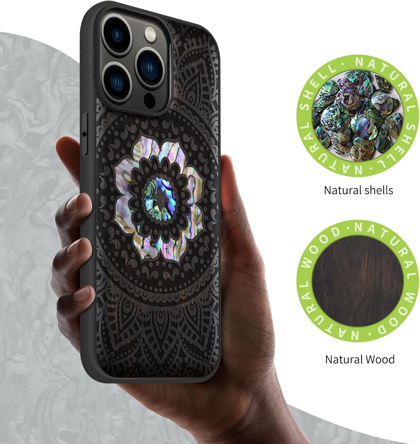 Carveit Designer Wooden Protective Magnetic Case for iPhone 14 Pro Max Case [Wood Engraving & Shell Inlay] Compatible with 14 Pro Max MagSafe (Mandala Pattern-Blackwood)