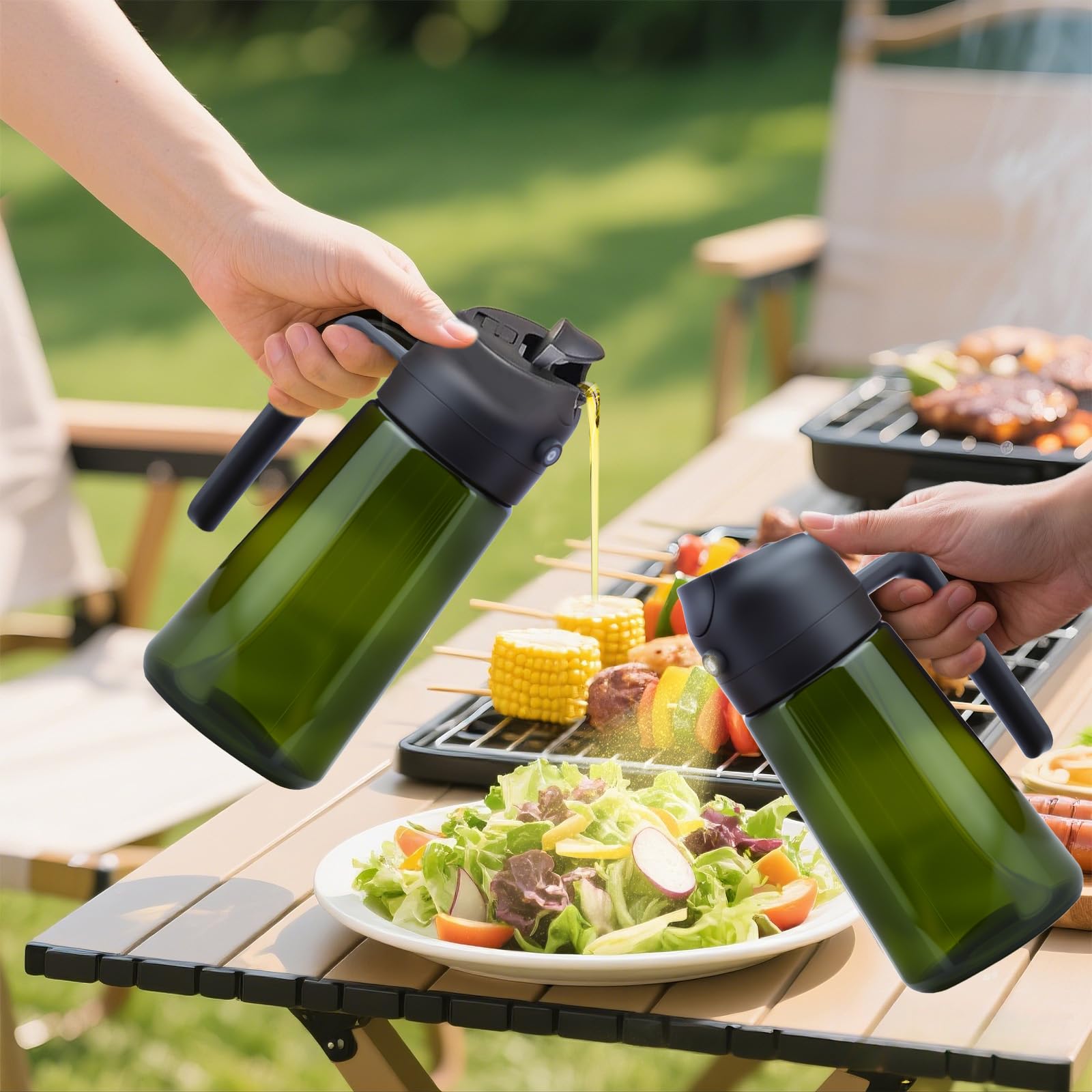 2 in 1 Oil Dispenser and Oil Sprayer, 470ml/16 oz Dispenser Bottle Spray and Pour, Glass Olive Oil Sprayer for Cooking, Oil Spray Bottle Mister Spritze(Black)