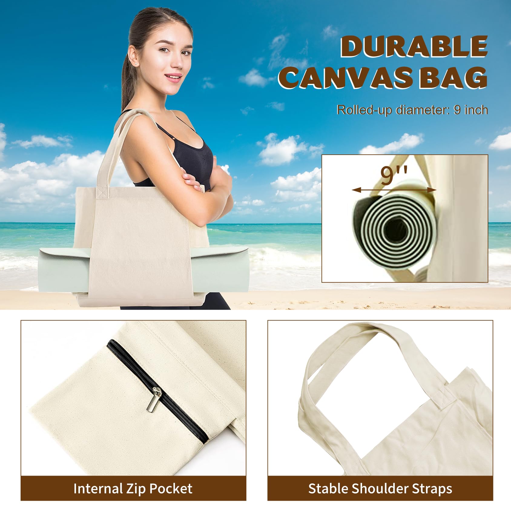 Yogatasche mit Yogamatten-Tragetasche, Pilates-Tragetasche und Yoga-Block für Damen, Segeltuch-Umhängetasche mit Tasche für Fitnessstudio, Büro, Reisen, Strand, Workout, Sport, passend für alle