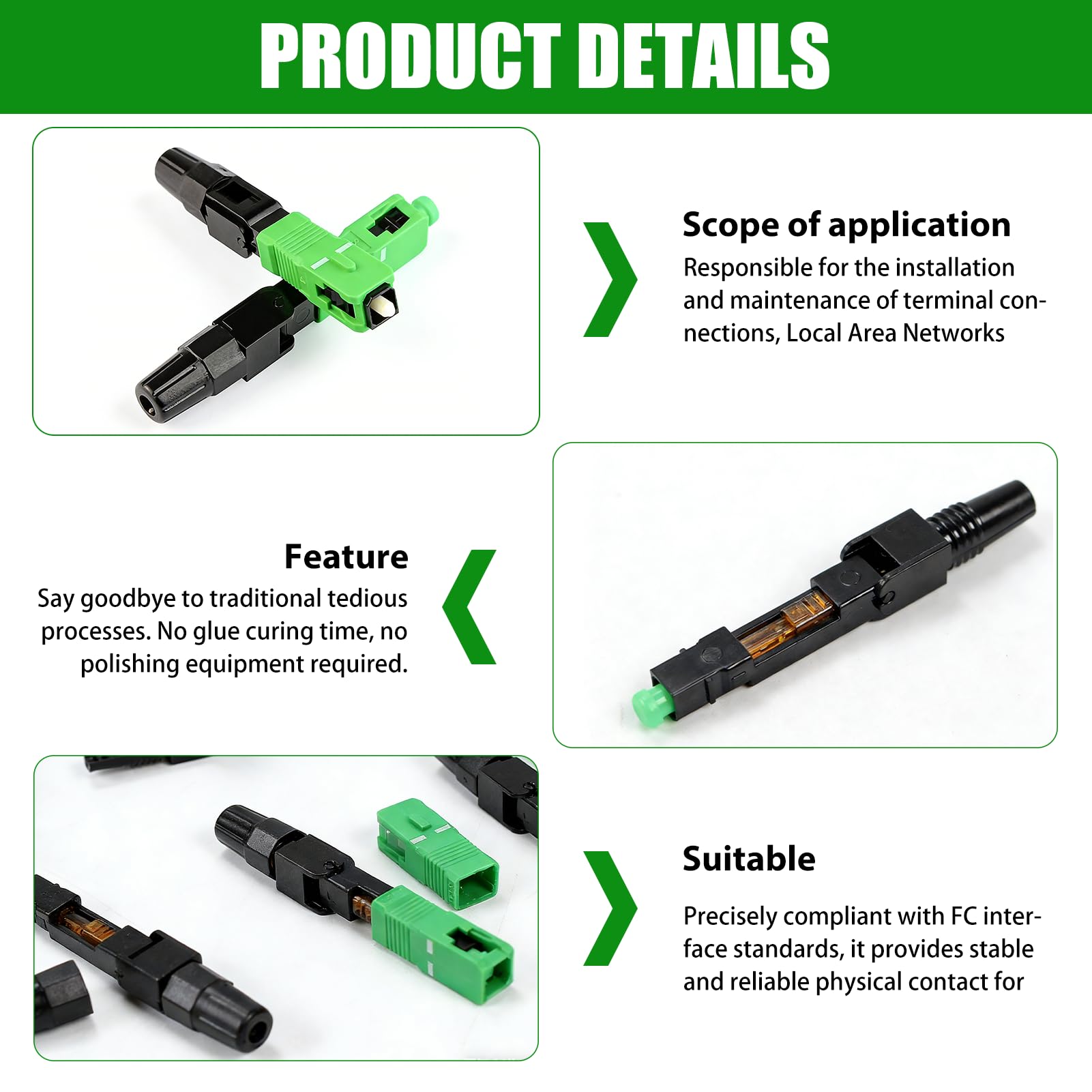 Conector SC/APC Fibra Óptica Rápido Verde Negro Preensamblado Inserción ≤0,3dB Retorno ≥50dB Lote 10