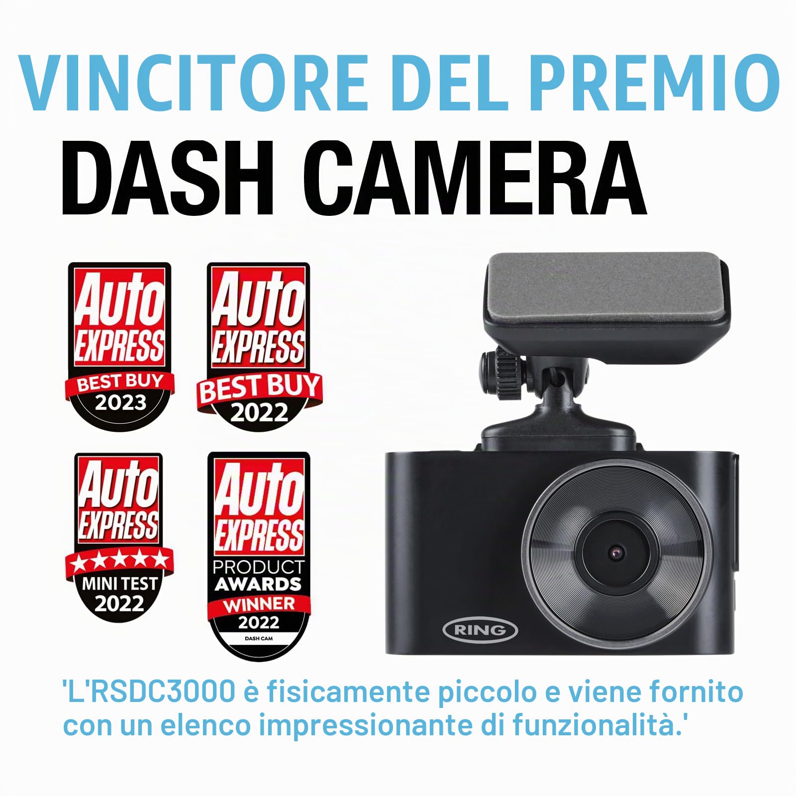 Ring Automotive RSDC3000 Smart Dash Cam con GPS WiFi Full HD 1296p 30fps 2.0" Screen G-Sensor Ring Connect App fotocamera anteriore auto dashcam compatibile posteriore, nero