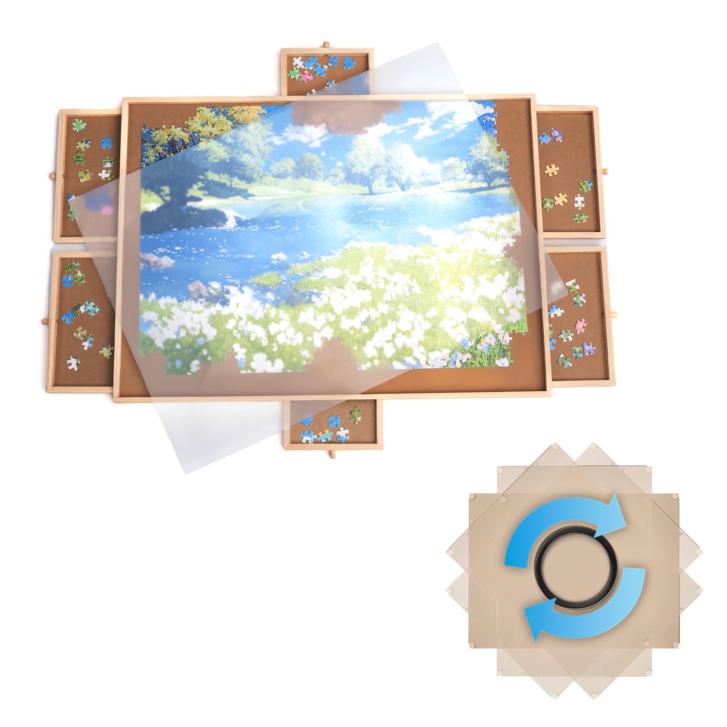 Drehbares Puzzle Board mit Schubladen & Abdeckplatte – Puzzletisch für 1500 Teile, 360° rotierbar, Rutschfester Filz, Sortierfächer, stabiles Holzbrett zum Puzzeln