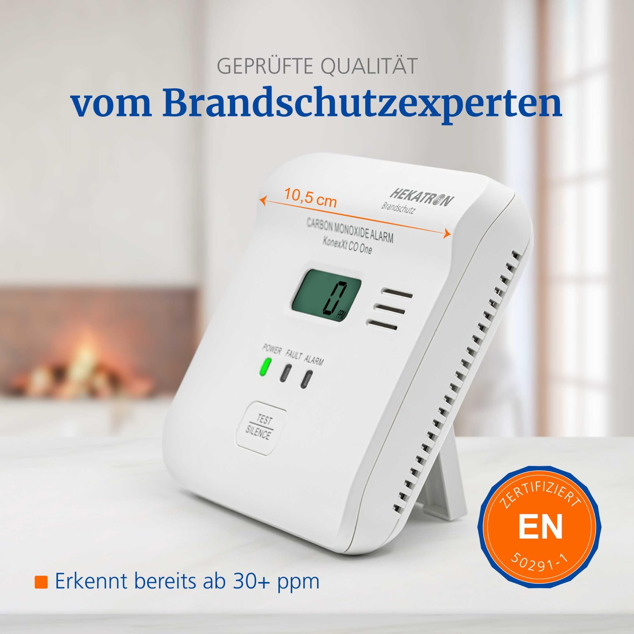 Hekatron KonexXt CO One – Kohlenmonoxid Melder 10 Jahre Batterie – CO Melder mit übersichtlichem Display und Test-Alarm-Taste, einfache Installation