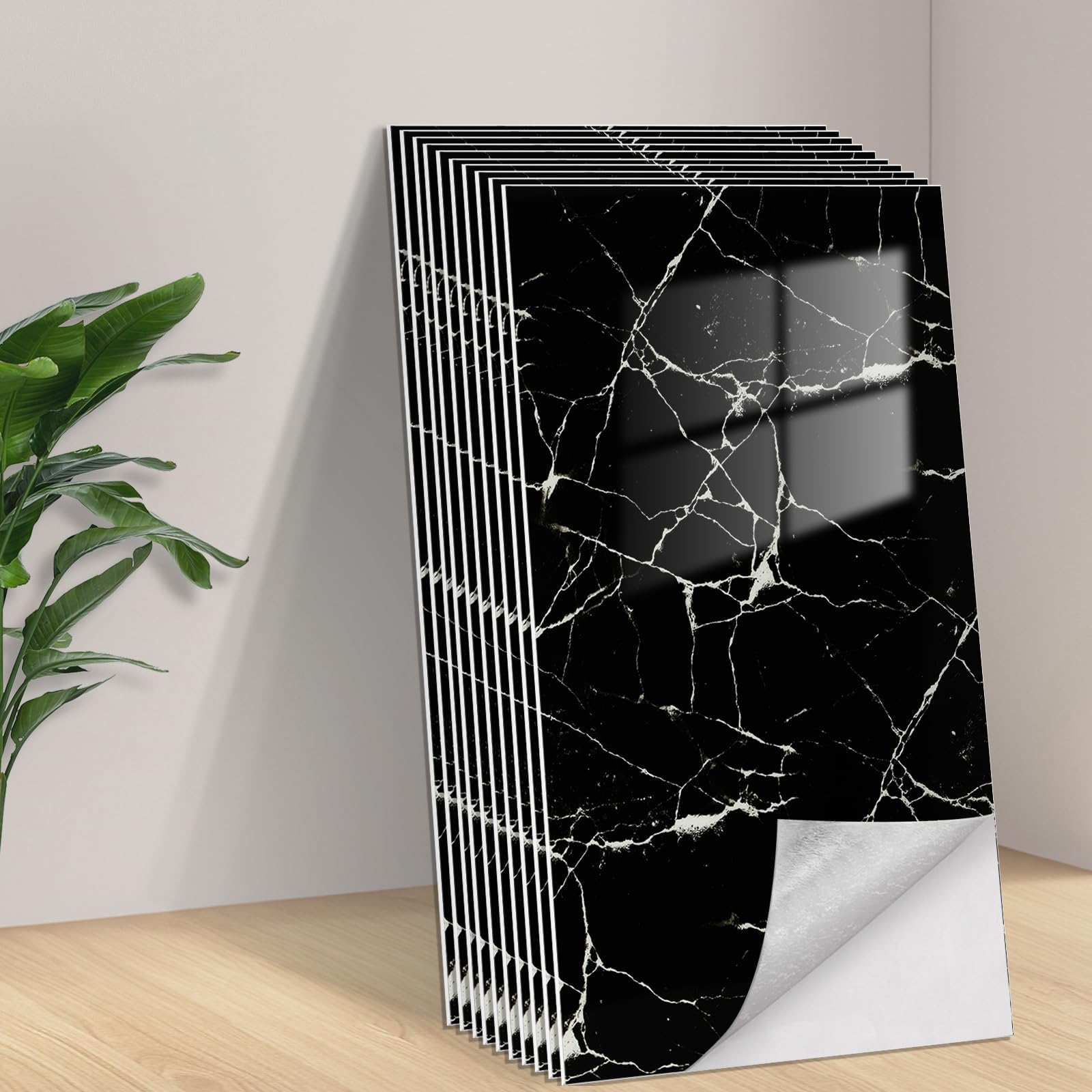 Tarwanear Tile Stickers Marble 10pcs/60x30cm Waterproof Oil Proof Self Adhesive Wall Tiles PVC Wall Stickers Black Peel and Stick on for Kitchen Bathroom Home Decor — image 1