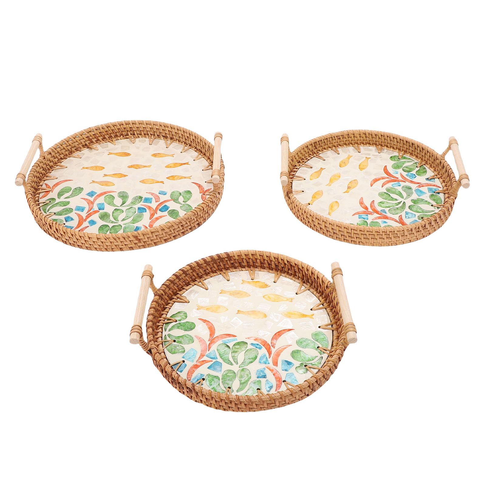 Domary Multi Purpose Rattan Tray Round 3 Pcs Woven Serving Baskets with