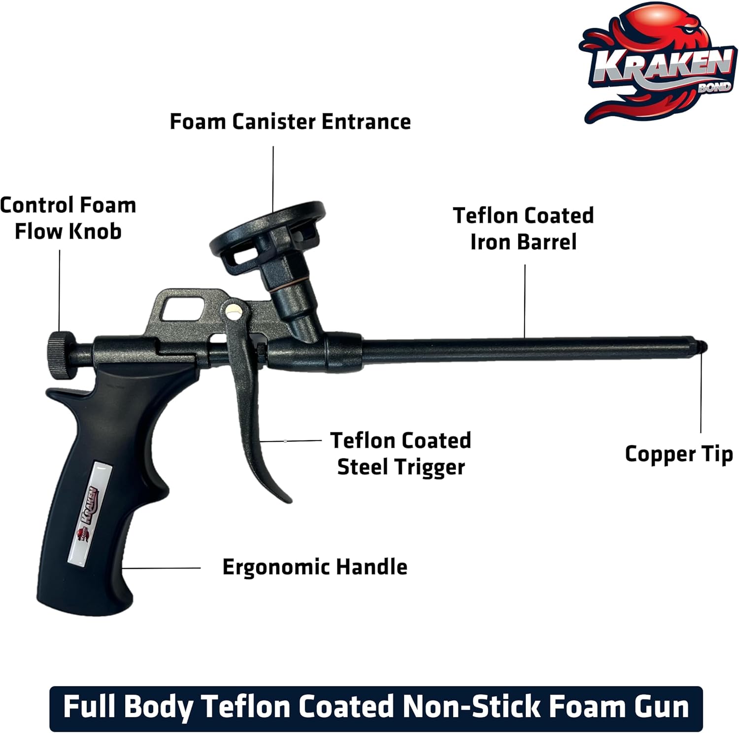 Kraken Bond PRO Foam Gun - 8 Inch Durable Spray Foam Dispensing Gun for Contractors & DIYers, PTFE Non-Stick Coating, Precision Nozzles Included, Versatile Spray Application for Insulation - 1 Pack
