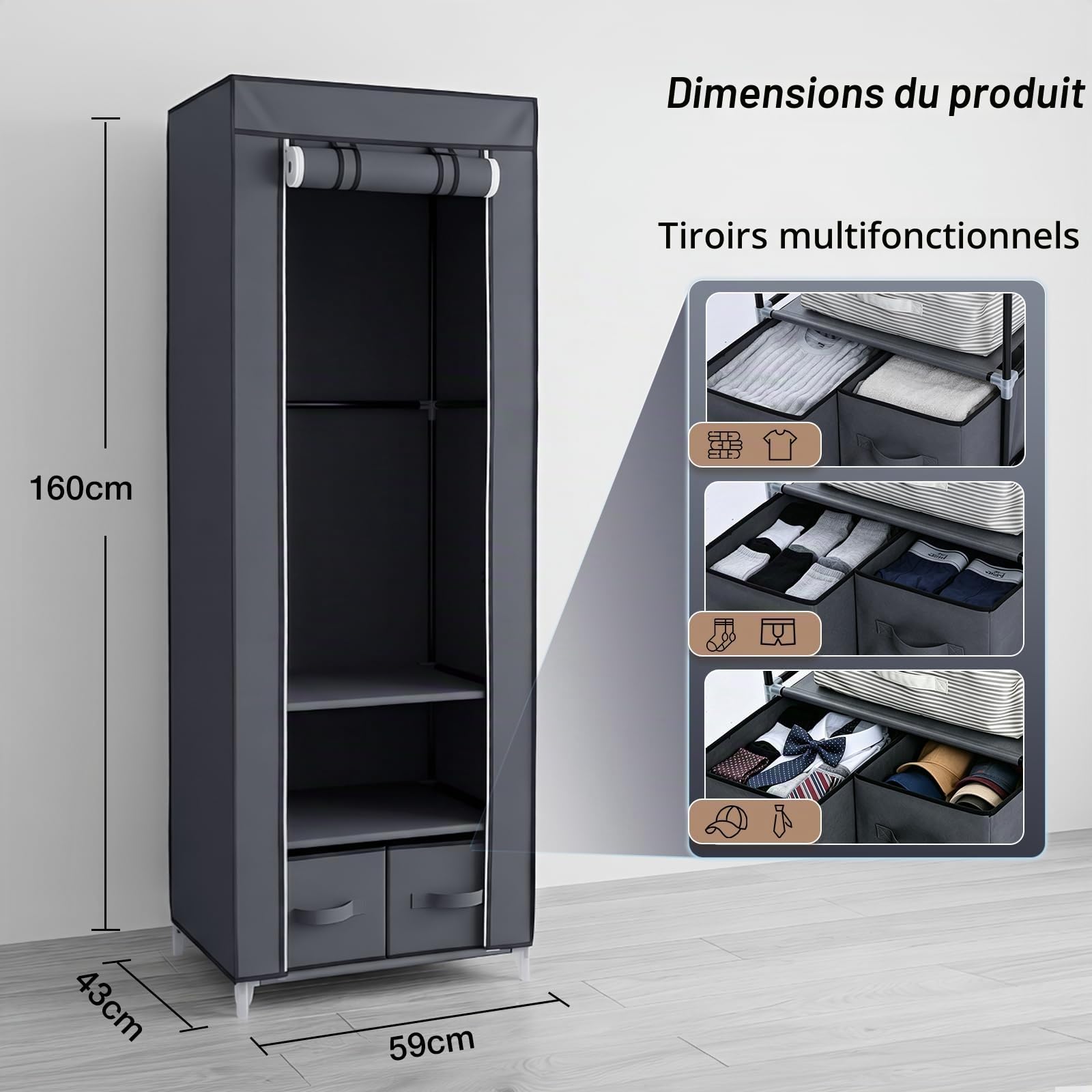 Hododou Armoire portable en toile avec 2 tiroirs et rail de suspension pliable pour vêtements, sacs, jouets, chaussures, salon, chambre à coucher (160 x 59 x 43 cm, gris)
