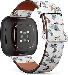 CJBROES Replacement Leather Watch Band, Compatible with Fitbit Versa 3 and Fitbit Sense of Wristband Bracelet Accessory - Hummingbirds Watercolors