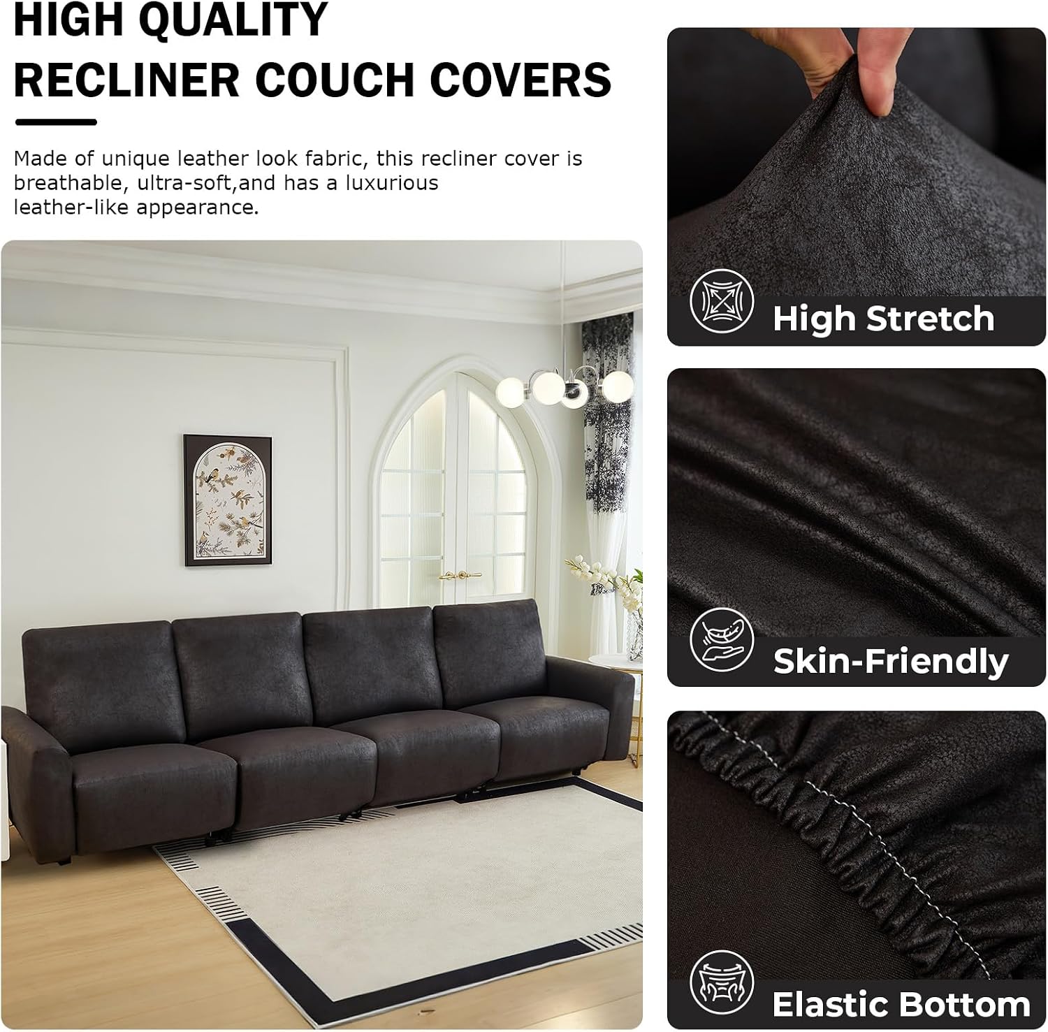 vctops Vintage Leather Look Stretch Recliner Sofa Covers 10-Pieces Water Resistant RV Furniture Covers Soft Reclining Couch Covers Non Slip Sofa Slipcover for Dogs Cats (Black,4 Seater)