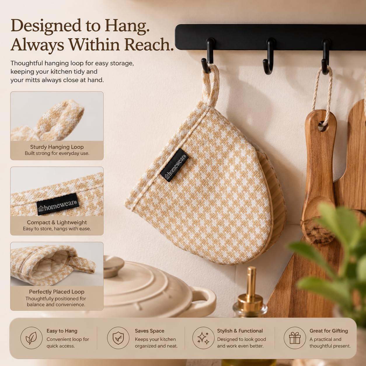 Houndstooth - Juego de 2 manoplas de silicona para horno, resistentes al calor, antideslizantes, almohadillas calientes acolchadas para cocinar y hornear, naturales, 5.5 x 7 pulgadas, uso