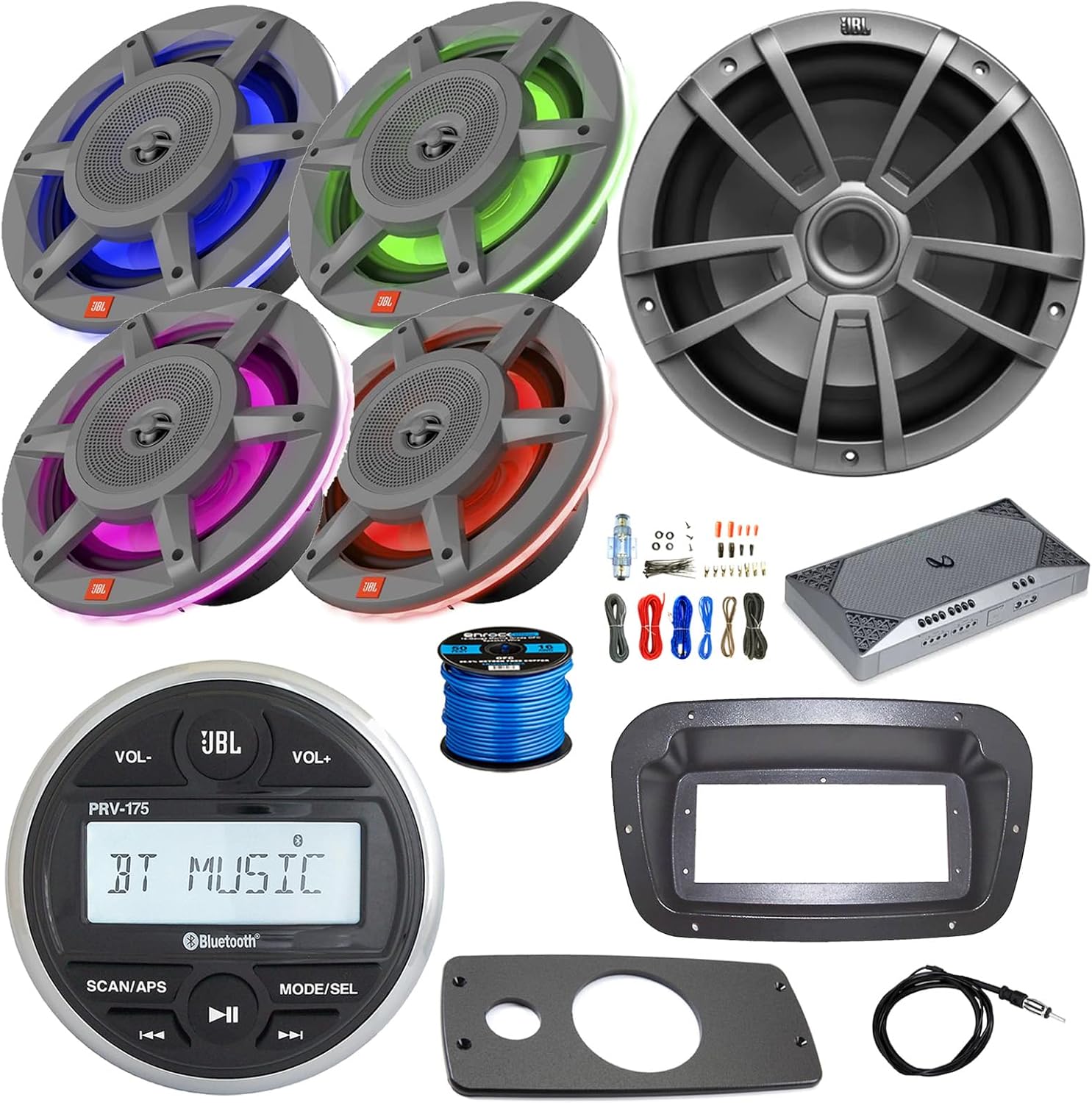 Marine Gauge Style USB Bluetooth AM/FM Digital Stereo Receiver w/SPA Bezel, Adapter, 4X 8 500W Multicolor LED Speakers, 10" Subwoofer, 4-Channel Amplifier w/Install Kit, Antenna, Wire