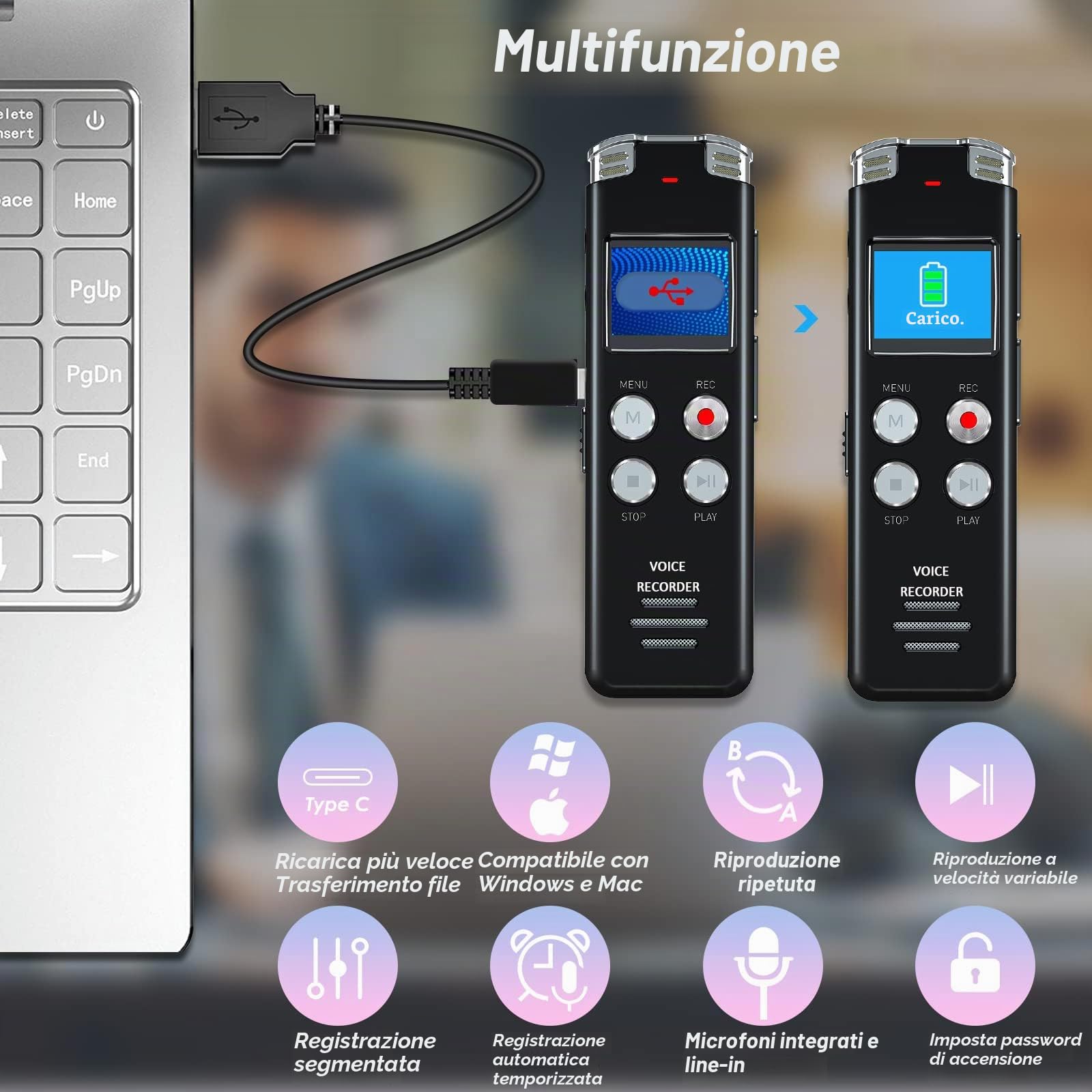 EVISTR 64GB Registratore Vocale Professionale - Voce Attivata Registratore Portatile con Riproduzione, Migliorato Piccolo Dittafono conlettore MP3 a ricarica USB per Conferenze, Riunioni, Interviste