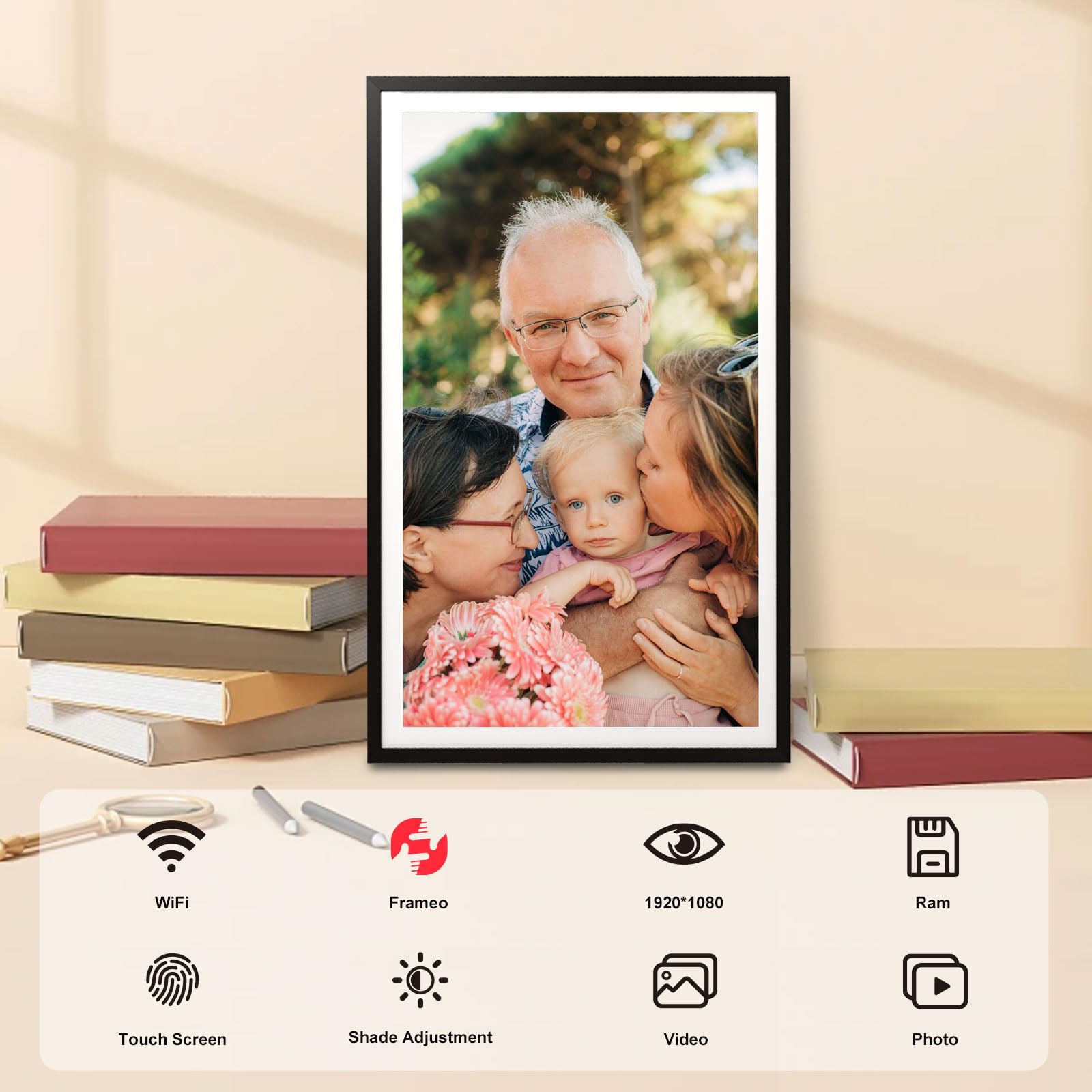 FRAMEO Digitaler Bilderrahmen 15,6 Zoll FHD Touchscreen Elektronischer Bilderrahmen Groß mit 32GB WALN Fernfreigabe von Fotos und Videos mit Kalender Wetter Musik
