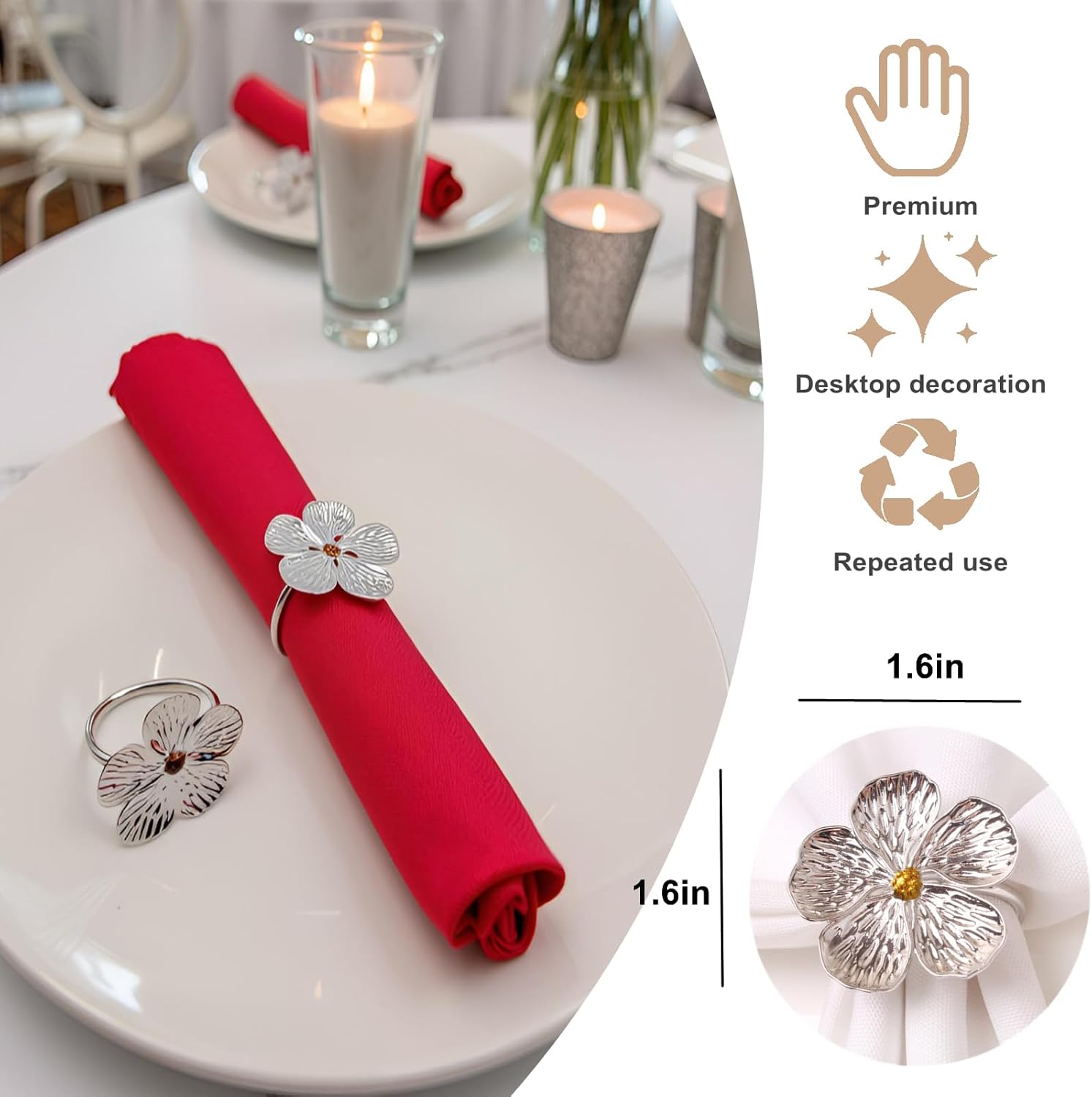 Flower Silver Napkin Rings Set of 50,Shiny Floral Napkin Ring Metal Napkins Rings Holder for Wedding Season Banquet Gathering Chritsmas Winter Party Décor Buckles Table Setting Mgrlfbl(Silver 50)