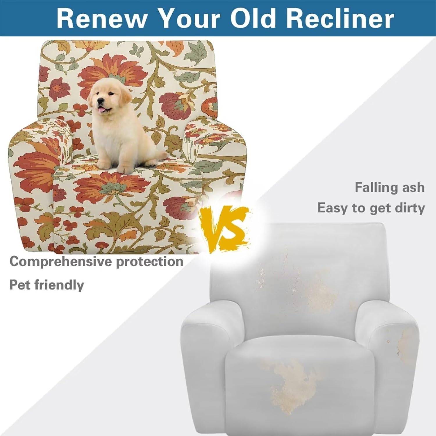 Floral Branches Recliner Slipcovers 4-Pieces Stretch Lounger Cover Non Slip Reclining Slipcovers with Storage Pockets Home Decor