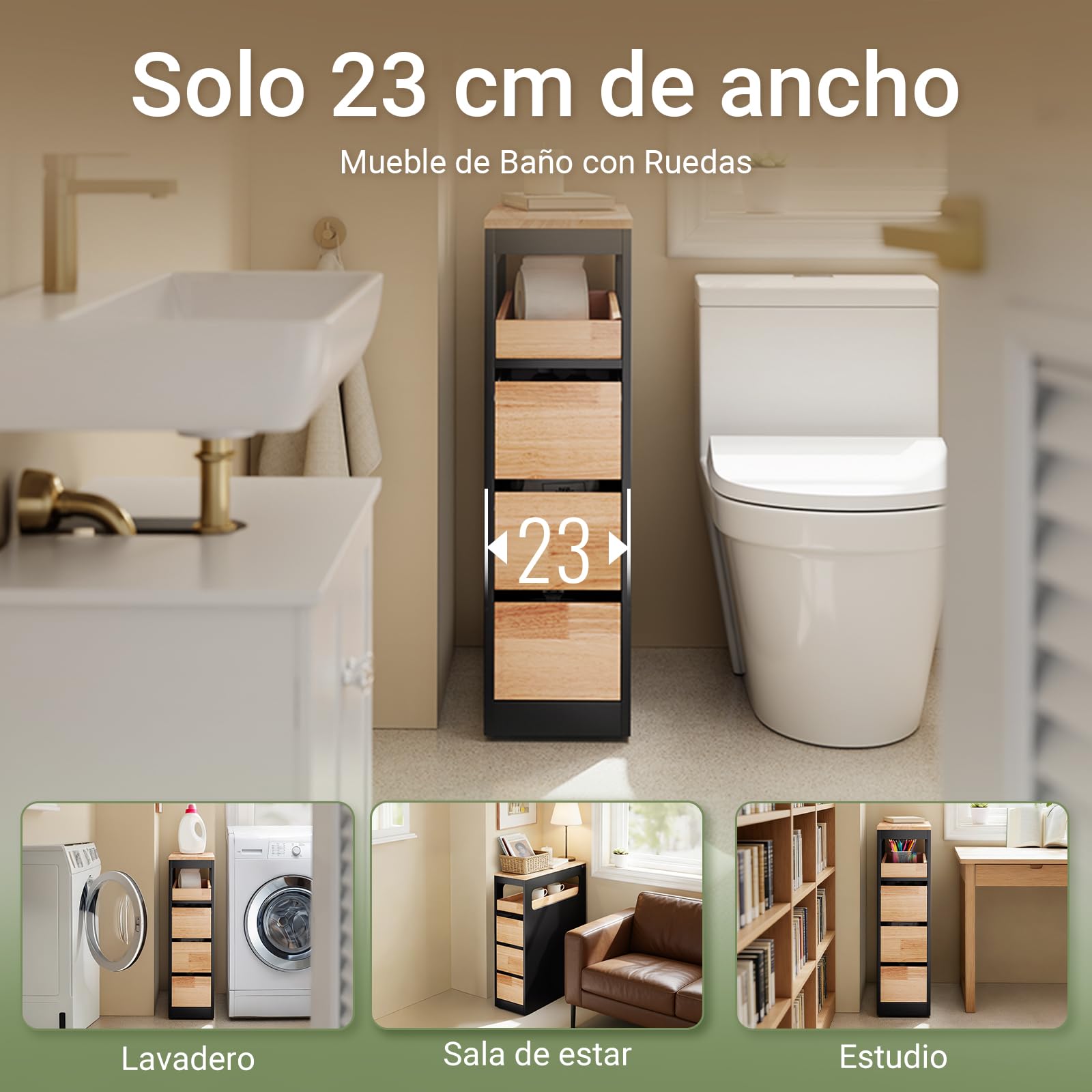 SoBuy Mueble Baño Estrecho con Ruedas y 3 Cajones, Negro 65x23x82cm | Cajonera Baño para Rincones y Huecos Pequeños para Familias y Hogares, Mueble Almacenaje BZR54-II-SCH