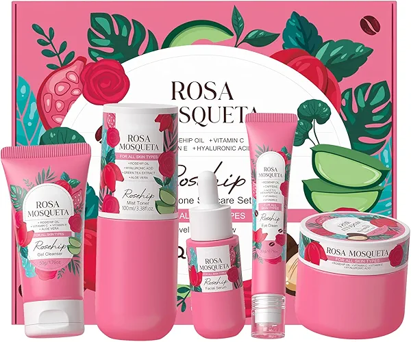 Rosehips Korean Style Skin Care Sets, Skin Care for Women Teens Girls, Beauty Skincare Gift Sets, with Gel Cleanser, Toner, Serum, Eye Cream, Moisturizer, Hydrates, Smoothes, Evens Skin tone