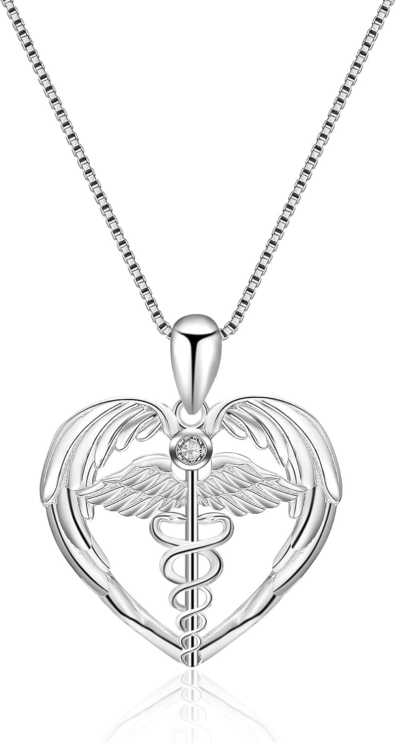 YFN Sterling Silver Caduceus Angel Nursing Themed Pendant Necklace 18" (Nurse Necklace) (Nurse Necklace)