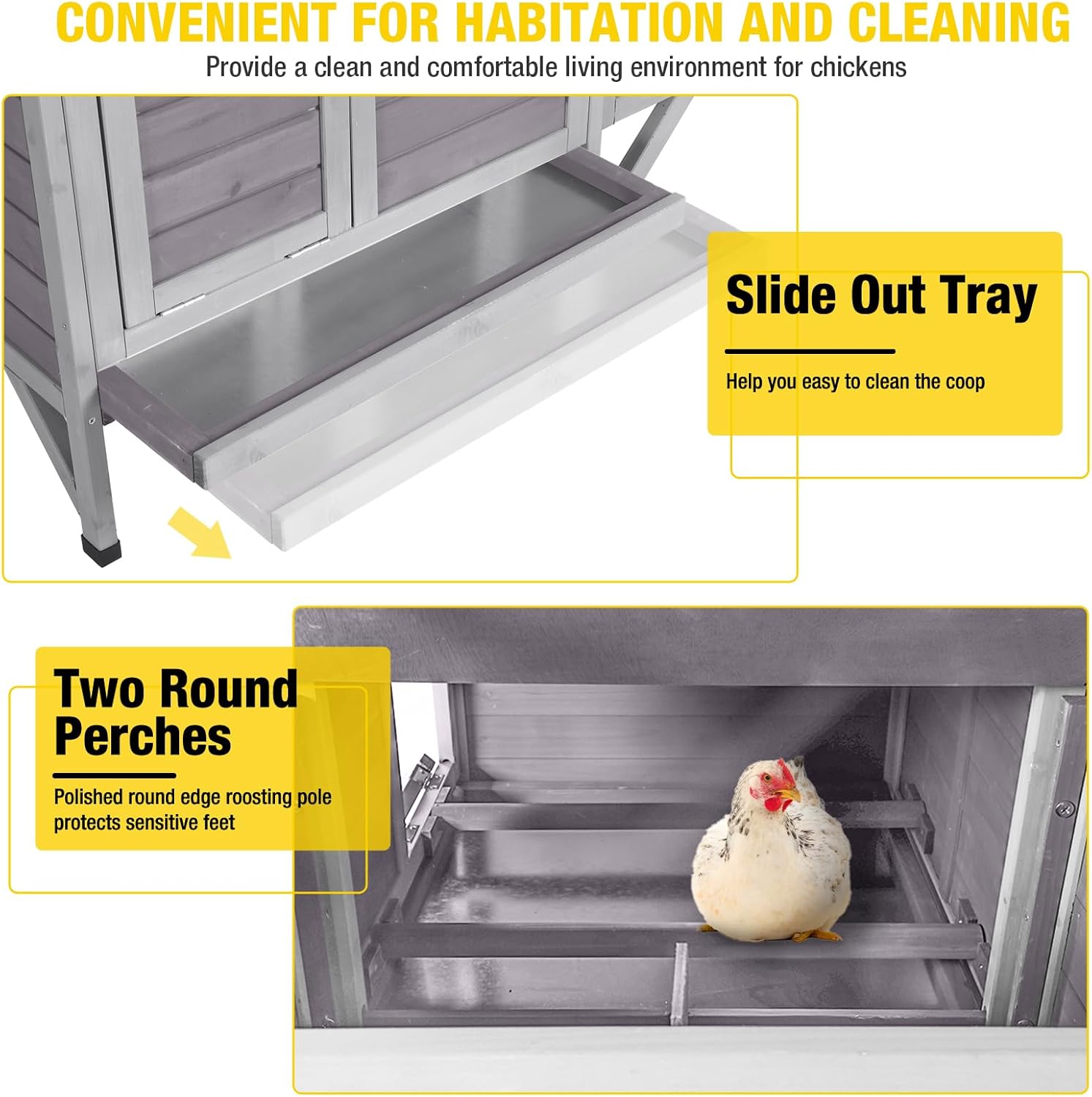 Aivituvin Chicken Coop with Nesting Box and Stand, Outdoor Elevated Hen House Wooden Poultry Coops with Weatherproof Asphalt Roof, Leakproof Pull-Out Tray for 2-3 Chickens, Ducks - Grey