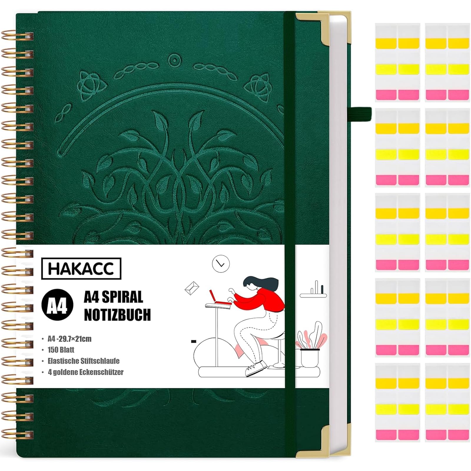 HAKACC Notatnik A4 w linie, 150 kartek/300 stron, spirala w szlachetnej imitacji skóry, twarda okładka, gramatura 80 g/m², trwały papier dla kobiet, mężczyzn, do pracy, biura, szkoły, 21 x 28 cm,