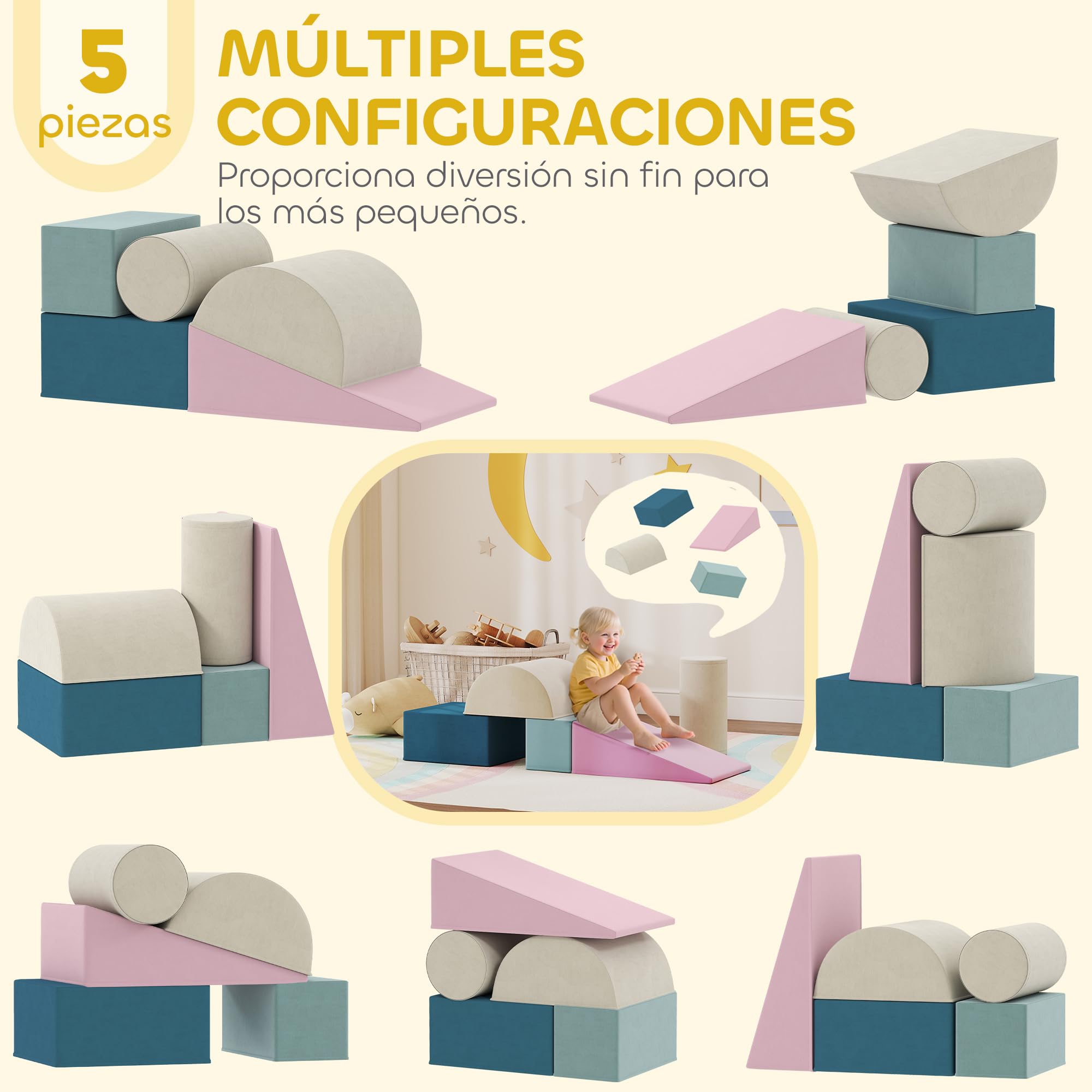 AIYAPLAY Juego de 5 Bloques de Espuma para Niños, Fundas Extraíbles, Bloques de Psicomotricidad, Figuras de Construcción, Juguete para Aprendizaje para Escalar y Gatear, Multicolor