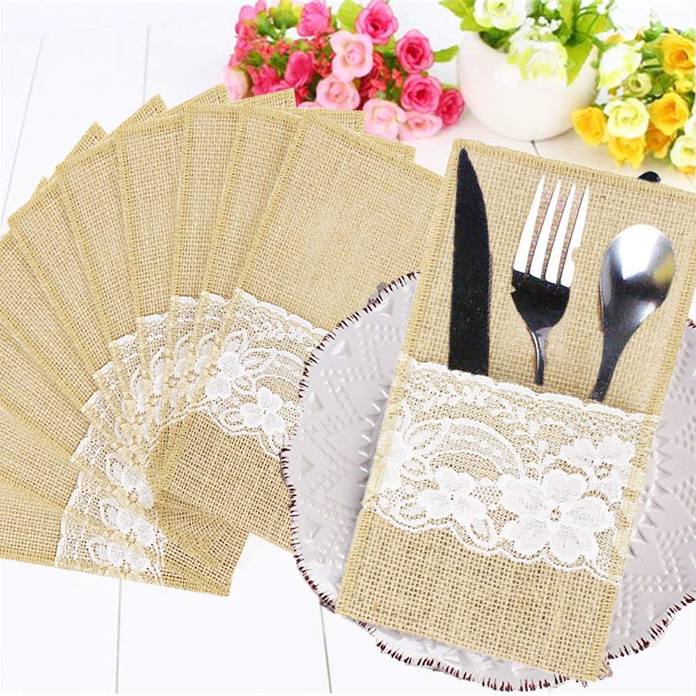 Time To Sparkle Cutlery Holder-Jute With Lace 100Pcs Jute Lace Cutlery Holder Natural Burlap Hessian For Silverware Tableware Cover, Knife Forks Pocket Bags, Wedding Table Decoration