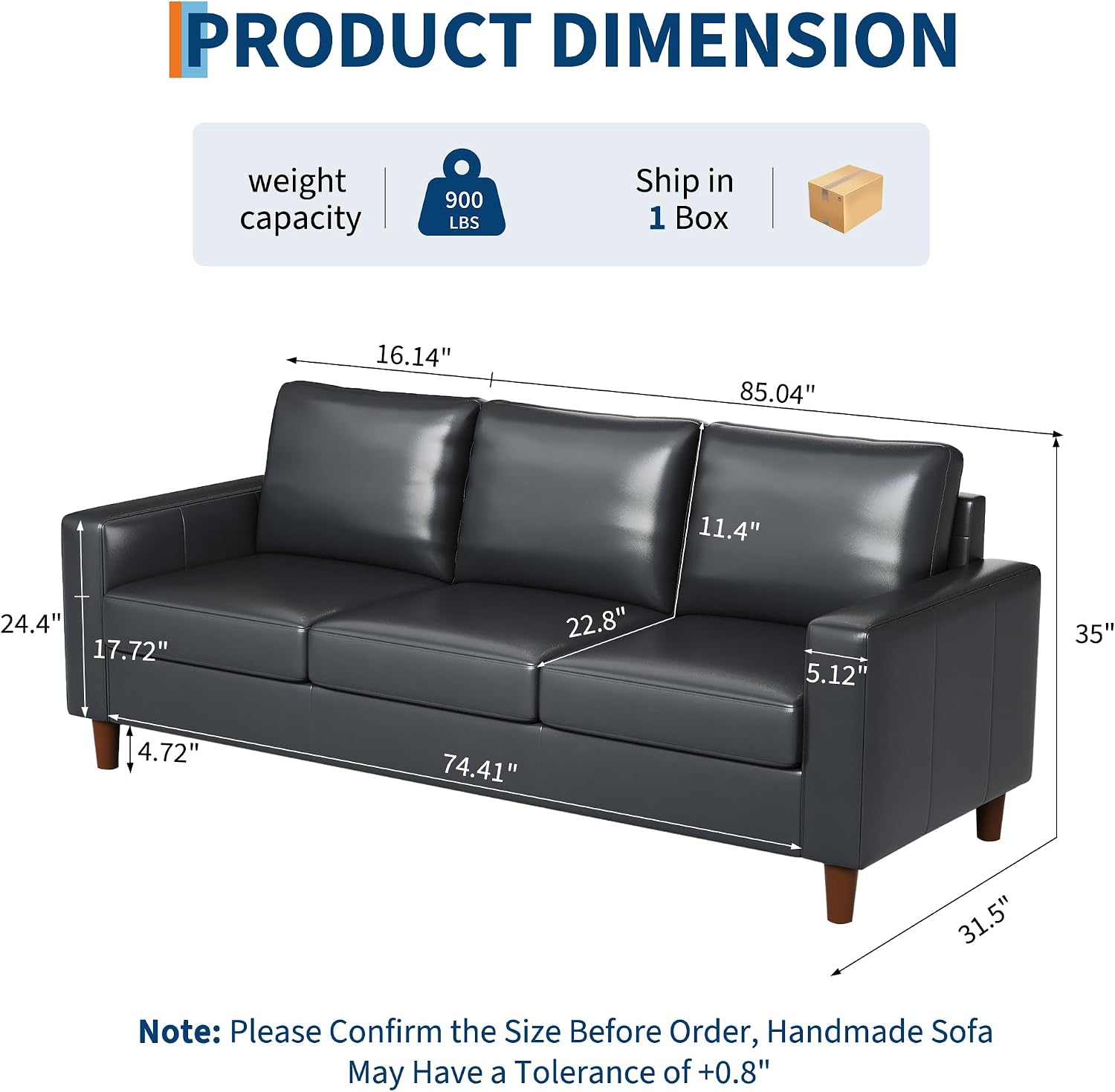 IDEALHOUSE 85" Modern Black Leather Sofa Padded Backrest Deep Seat 3-Seater for Living Room