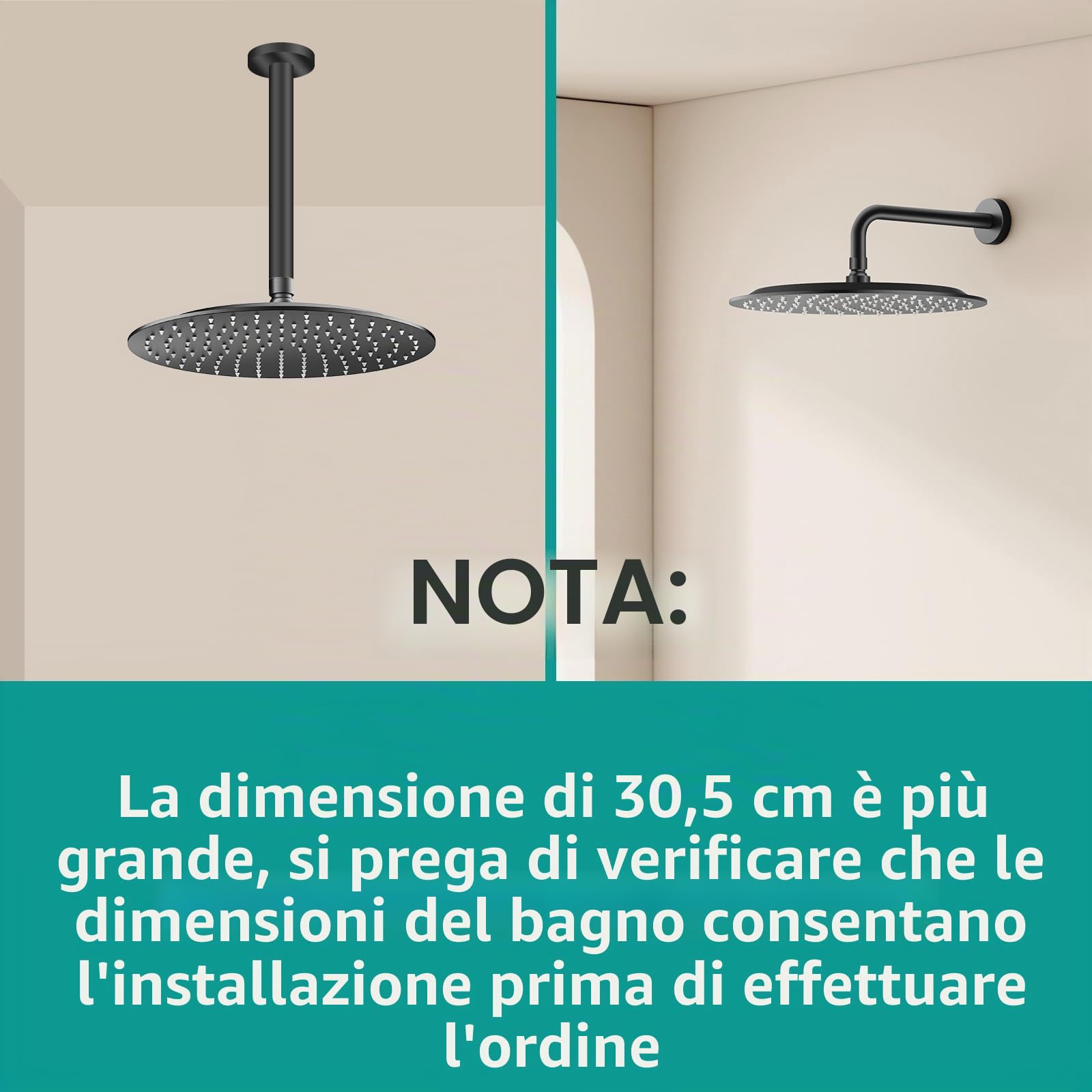 Docce Fisso Rotondo Soffione Doccia a Pioggia in Acciaio Inox Soffione Doccia a Pioggia con Getti In Silicone Anticalcare 304 Acciaio Inox Ultra Sottile (Nero, 30 cm)