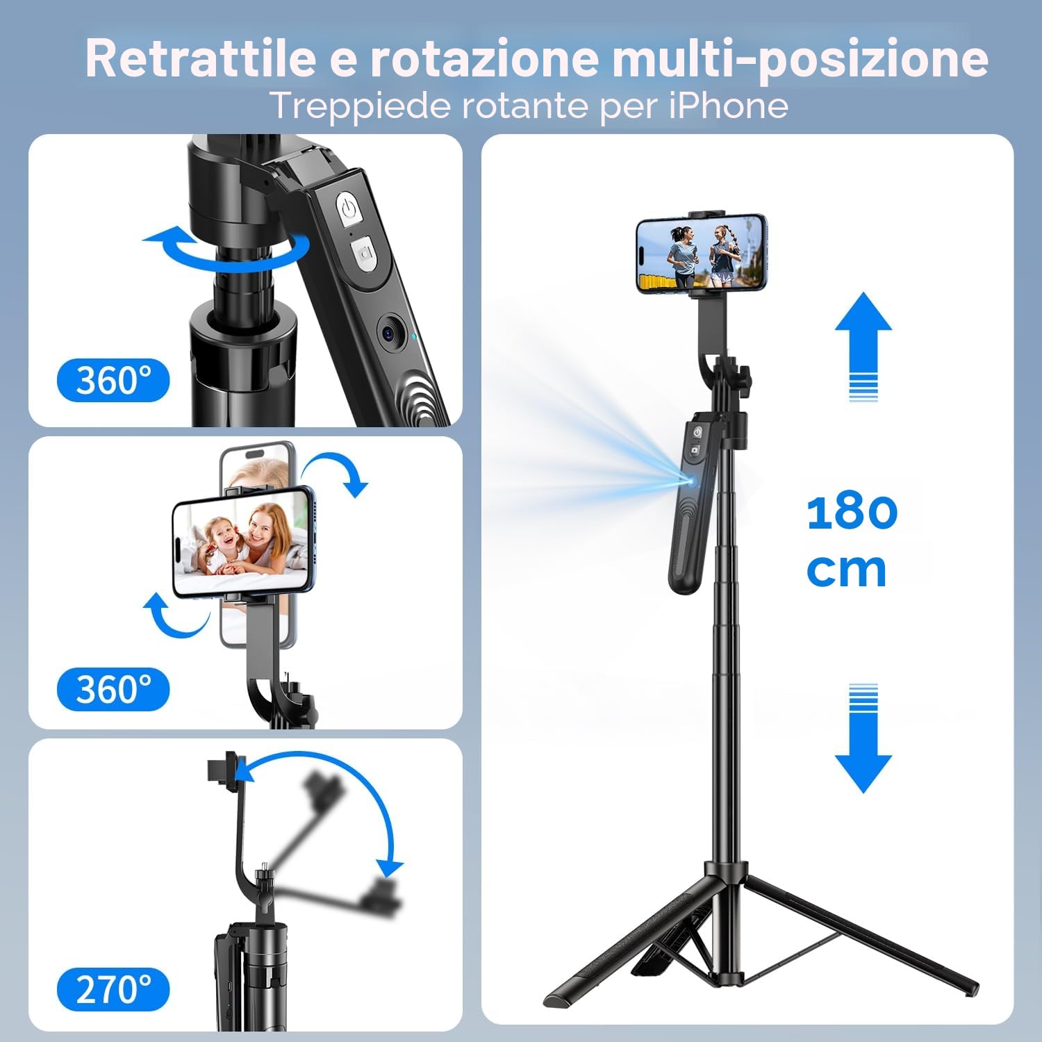 yAyusi Tracciamento Automatico del Volto Treppiede, 180cm Treppiede con Supporto Telefono, Nessuna App, Controllo Gesto, 360° Tracciamento Automatico Selfie Stick Treppiedes per Video/Streaming Live