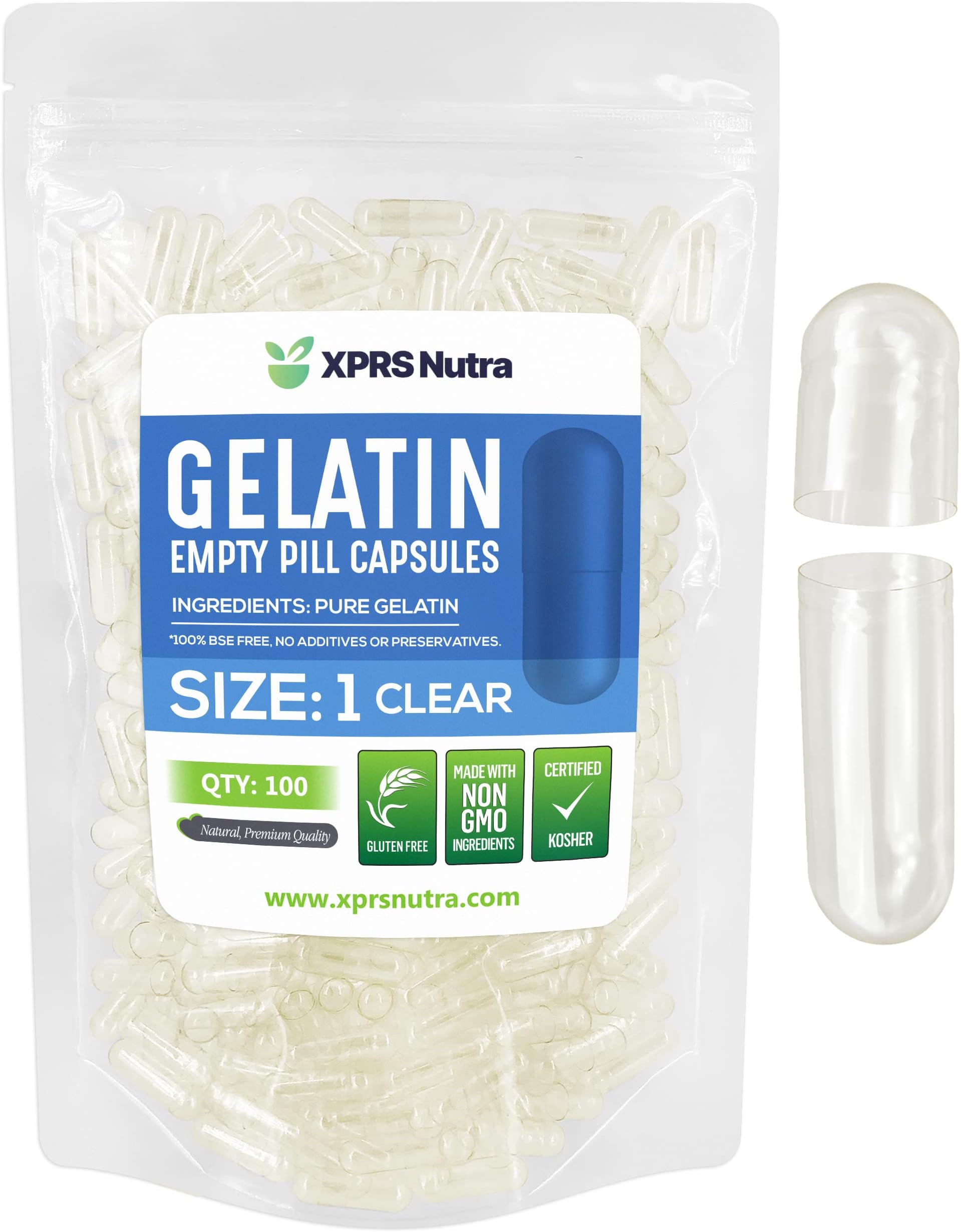 Size 1 Empty Capsules - 100 Count Clear Empty Gelatin Capsules - Empty Pill Capsules - DIY Capsule Filling - Fillable Pure Bovine Pill Gel Caps Pills for Do-It-Yourself Supplements