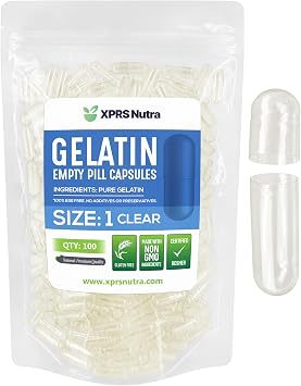 XPRS Nutra Size 1 Empty Capsules - 100 Count Clear Empty Gelatin Capsules - Empty Pill Capsules - DIY Capsule Filling - Fillable Pure Bovine Pill Gel Caps Pills for Do-It-Yourself Supplements