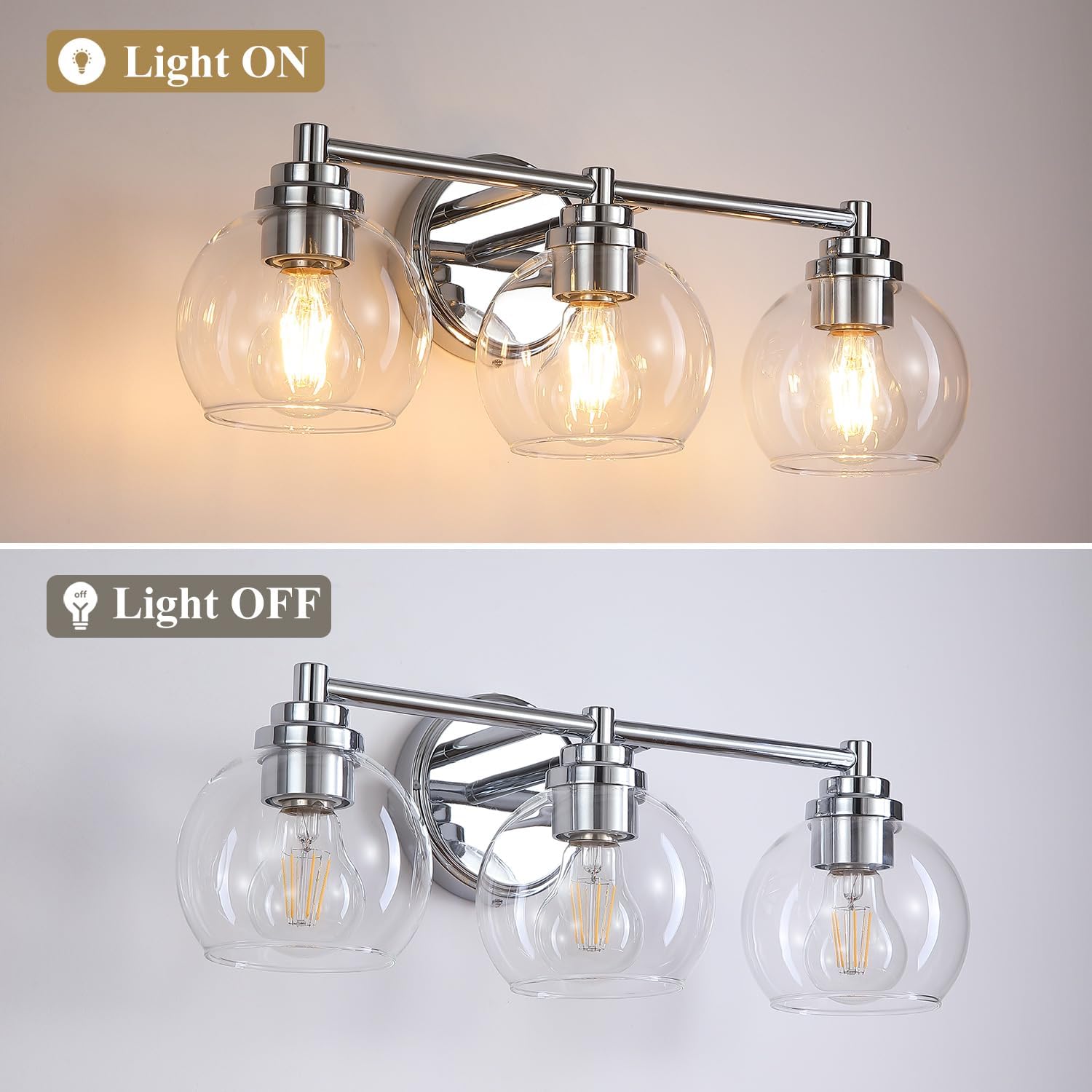 Upgrade 3-Light Bathroom Light Fixtures, Modern Vanity Light with Globe Glass Shade, Silver Chrome Bathroom Lights Over Mirror, Vanity Lights for Bathroom Bedroom Kitchen Hallway Living Room