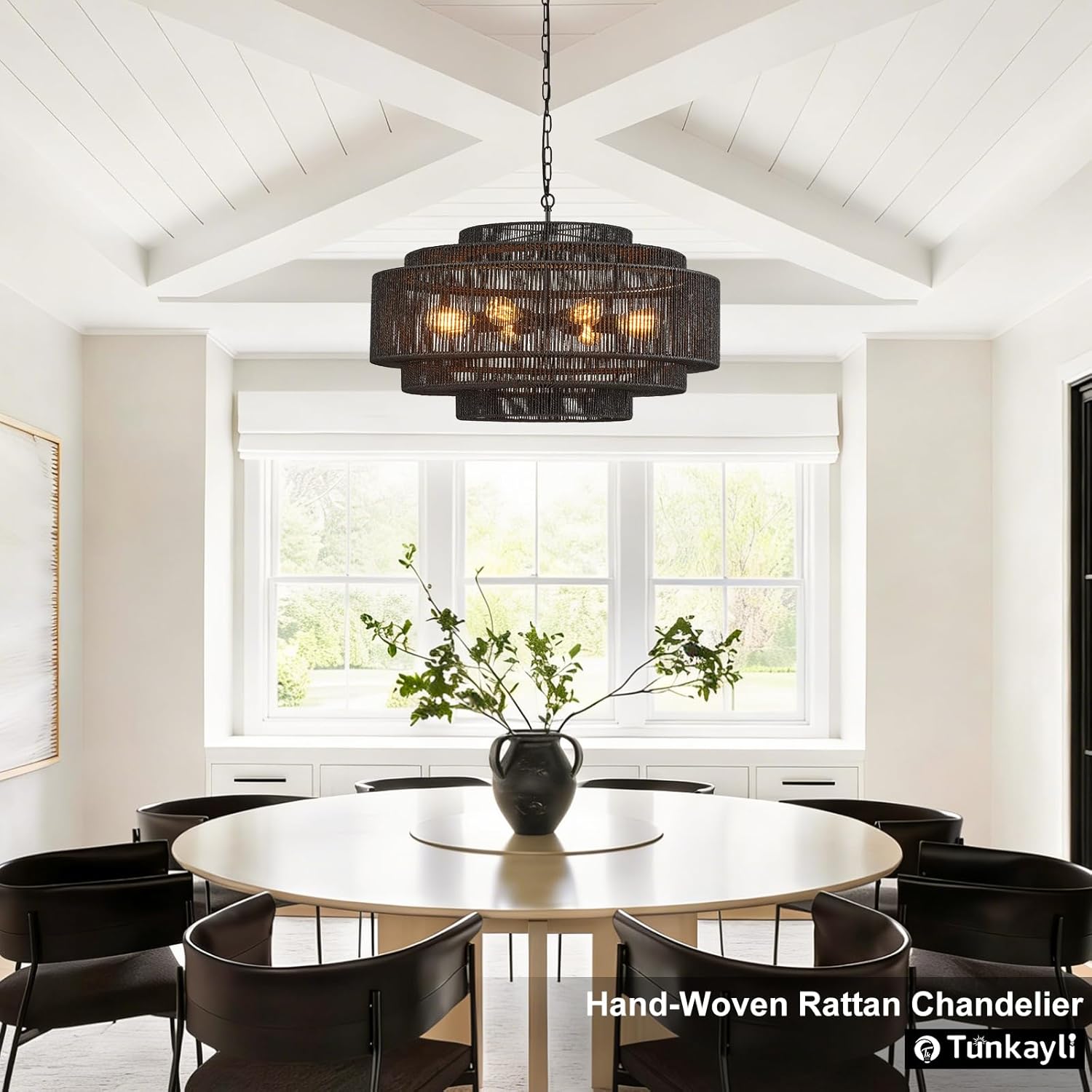 31.5" Large Rattan Chandelier 8-Light Vintage Farmhouse Coastal Wicker Chandeliers Boho Hand-Woven Black Light Fixtures for Dining Room, Kitchen, Living Room,Entryway