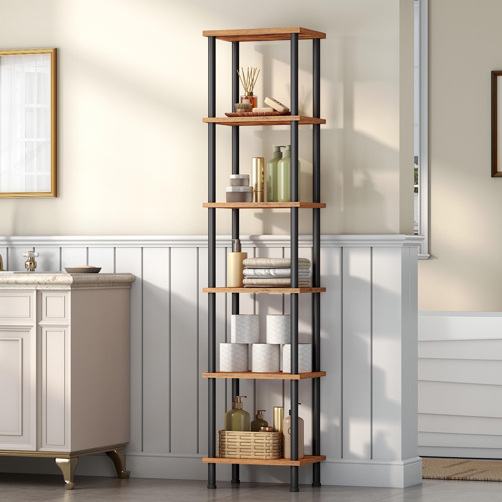 HOOBRO Librería de Estilo Industrial de 6 Niveles, Estantería de Almacenamiento Vintage de Gran Capacidad, Almacenaje y Exhibición, para Salón, Estudio, Oficina, Marrón Rústico y Negro EBF165SJ01